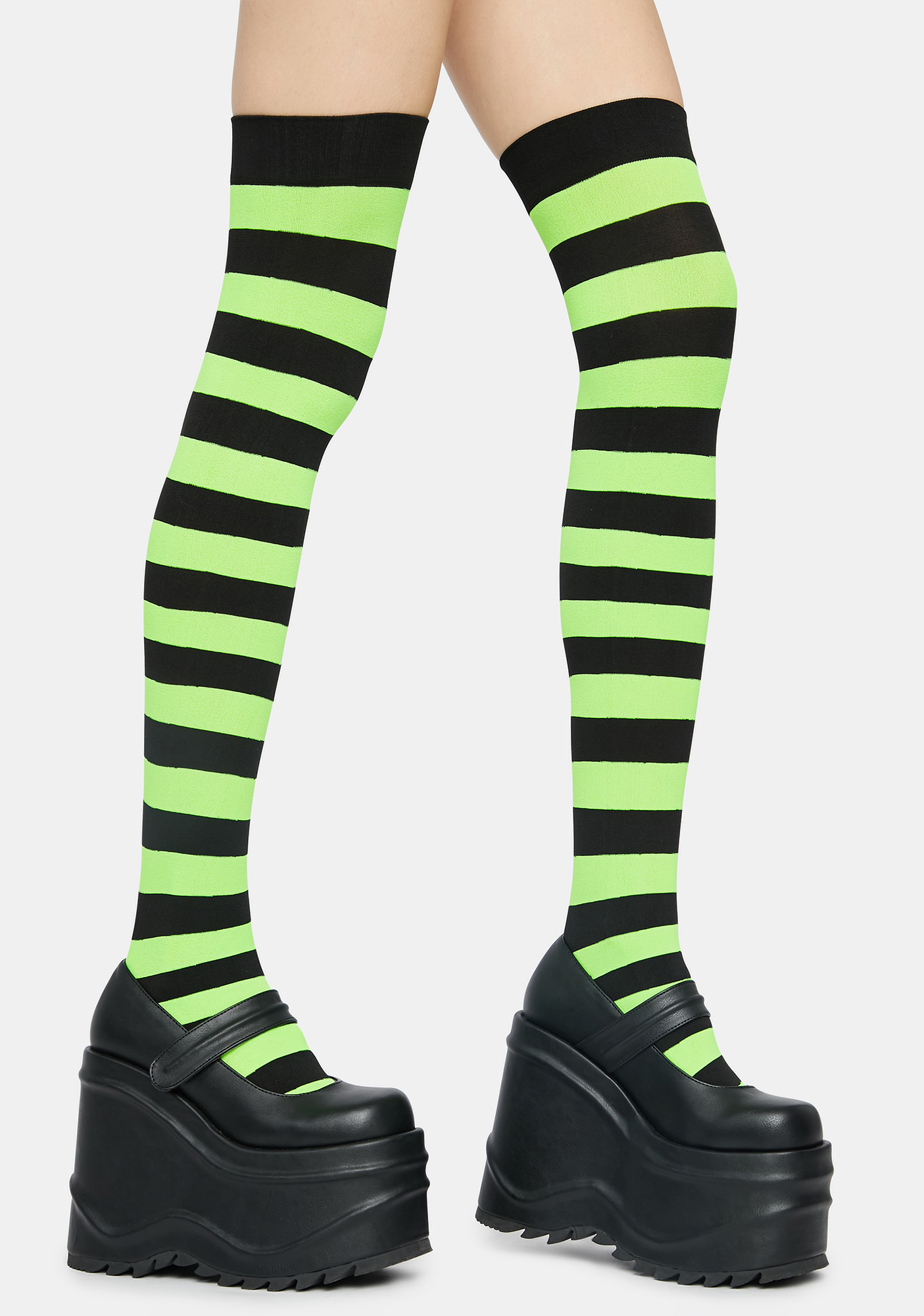 Wide Stripe Thigh High Socks - Black/Neon Green | Dolls Kill