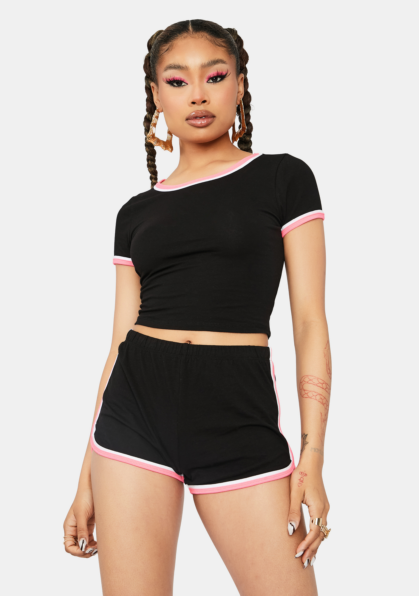 Stripe Trim Crop Tee Lounge Shorts Set - Black | Dolls Kill