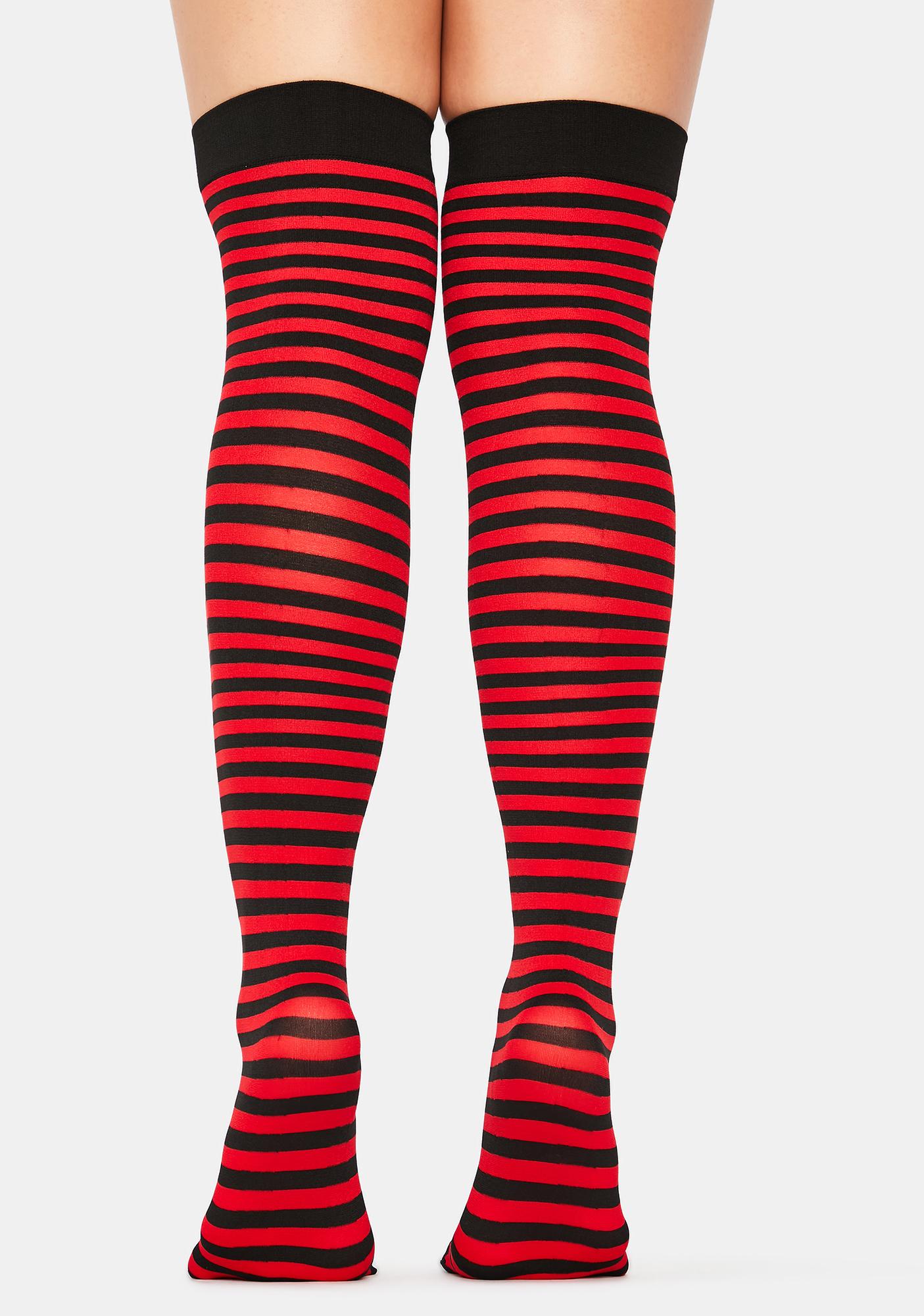 Striped Halloween Thigh High Socks - Black Red | Dolls Kill