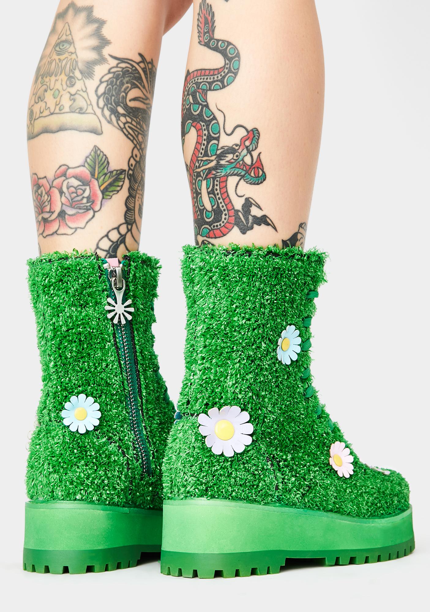 Delias Daisy Green Grass Turf Lace Up Zip Combat Platform Ankle Boots