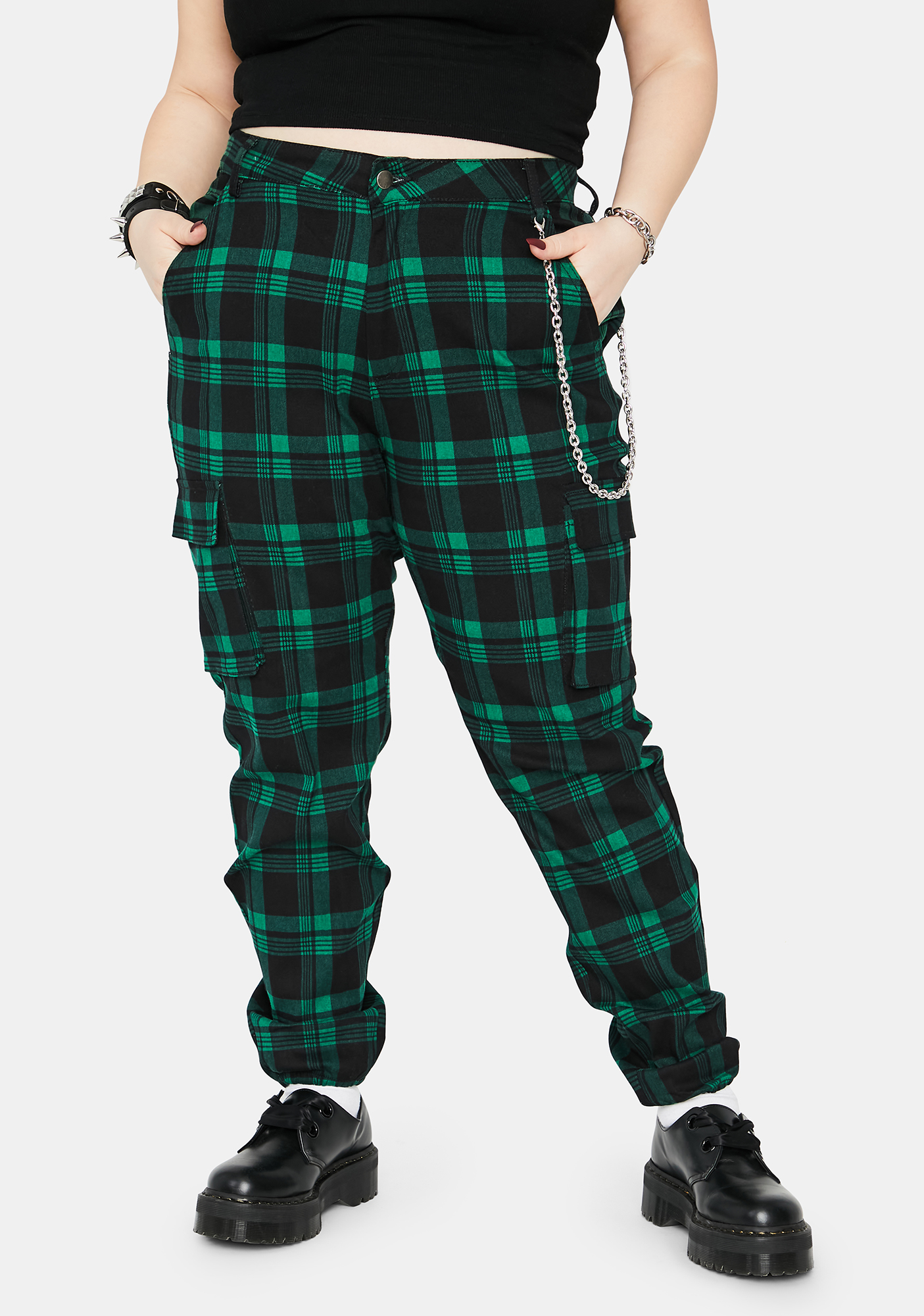 Plus Size Plaid High Waist Cargo Pants Green Dolls Kill