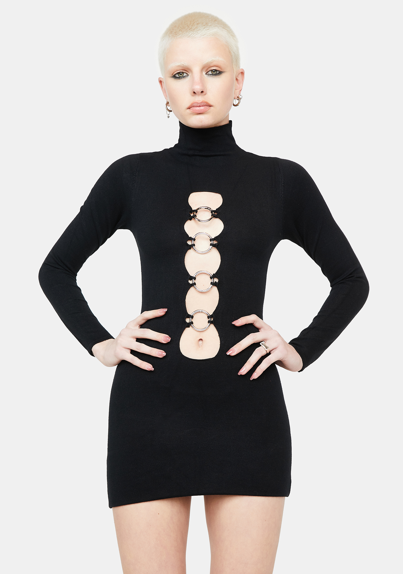 Turtleneck Long Sleeve Cutout ORing Sweater Dress Black Dolls Kill