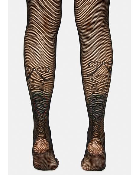 Fishnet Faux Thigh High Garter Tights With Criss Cross Bows | Dolls Kill