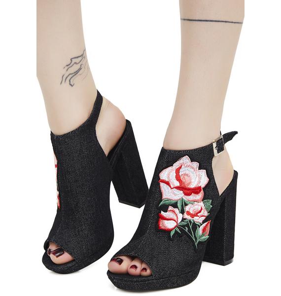 Denim Rose Embroidered Platform Heels Black | Dolls Kill