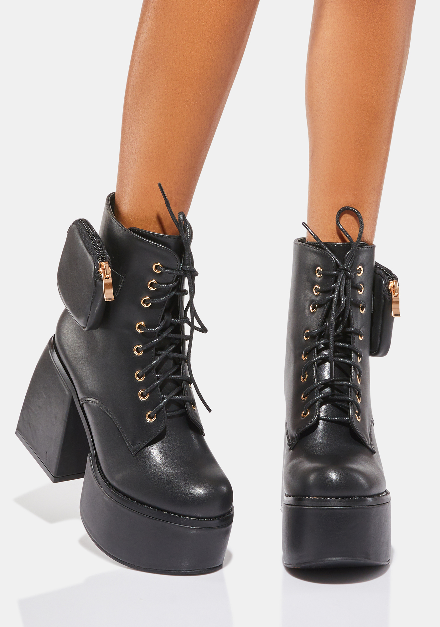 Vegan Leather Lace Up Zipper Pocket Platform Boots Black Dolls Kill