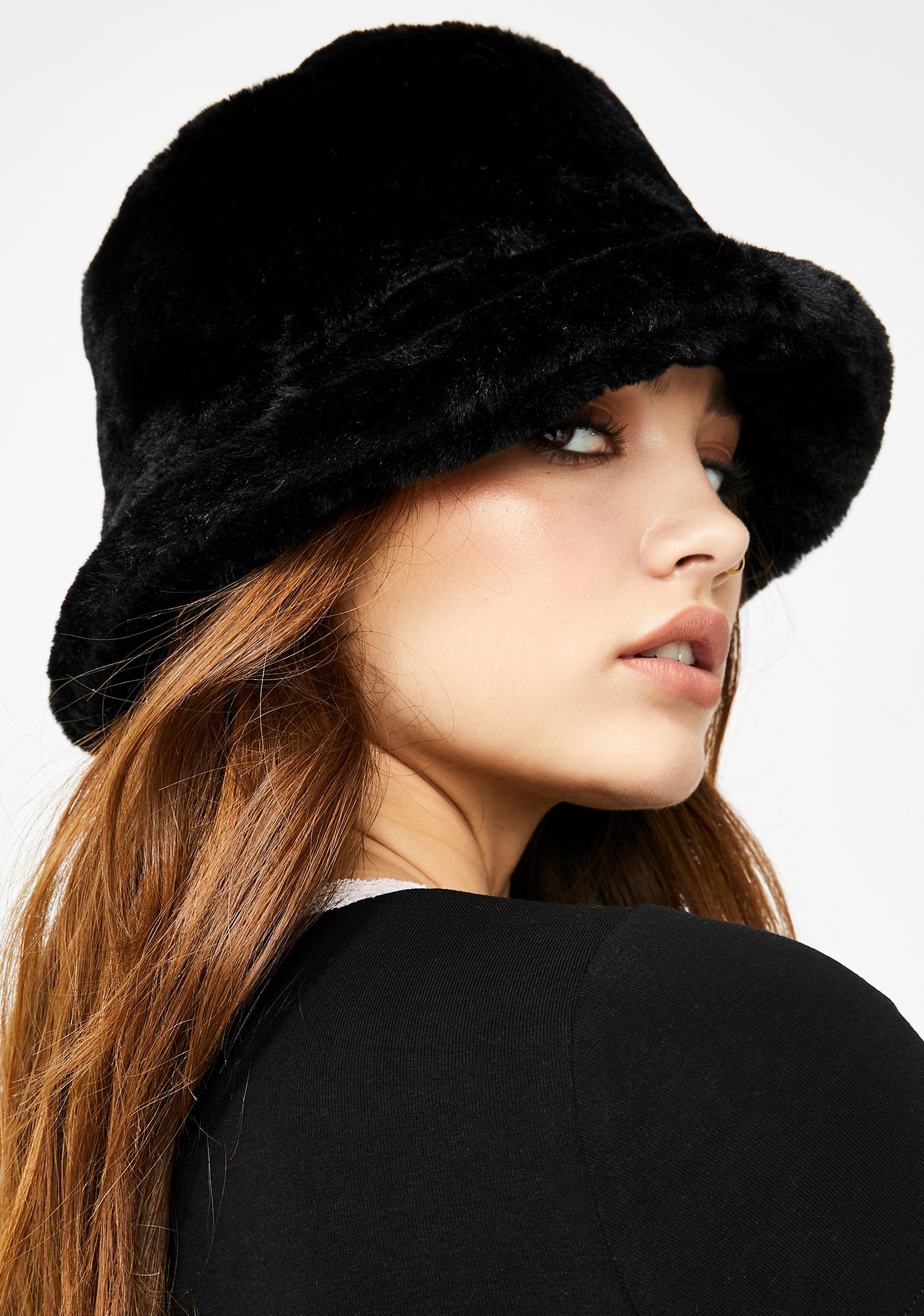 fuzzy black bucket hat