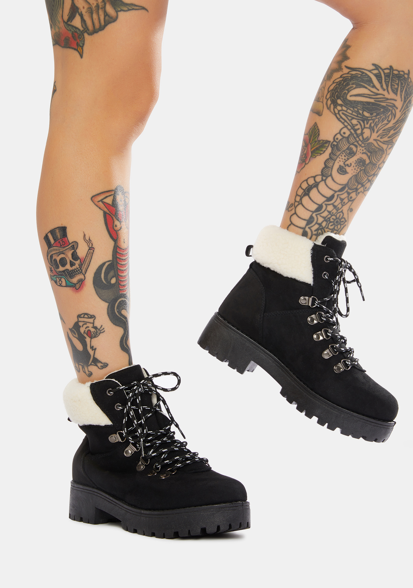 Faux Fur Trim D Ring Lace Up Boots Black Dolls Kill