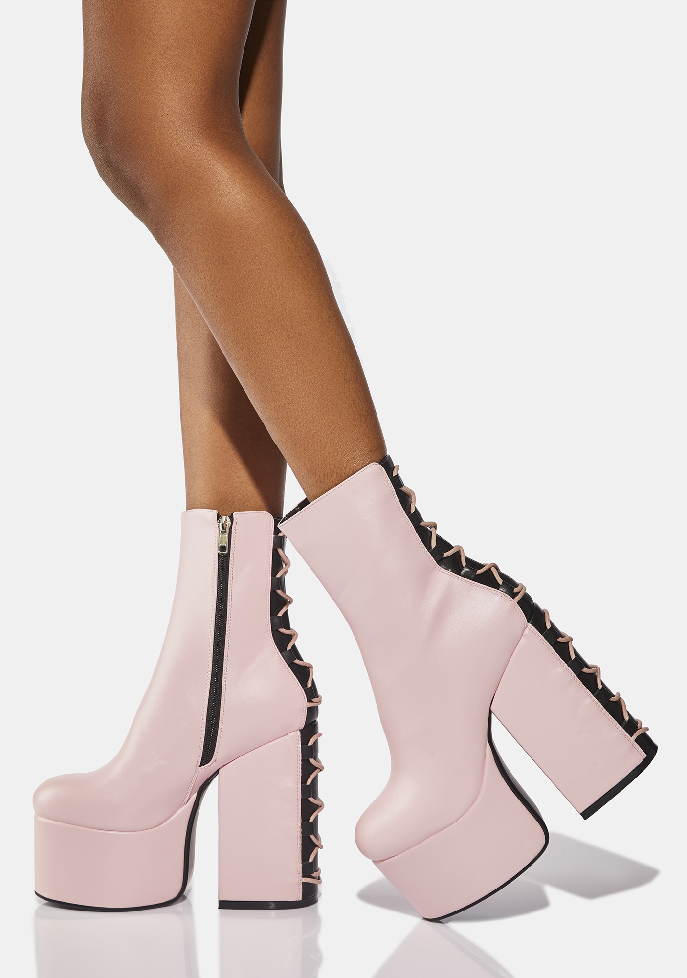 Lamoda Back Fixed Lace Up Platform Ankle Boots - Pink/Black 