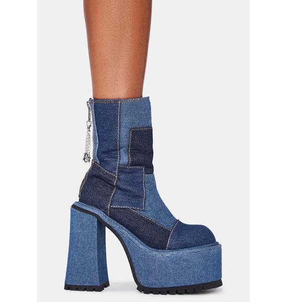 Dolls Kill x Bratz Patchwork Denim Platform Boots Blue Dolls Kill