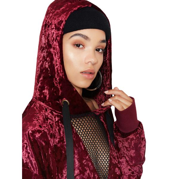 Velvet Mesh Panel Burgundy Cropped Hoodie | Dolls Kill