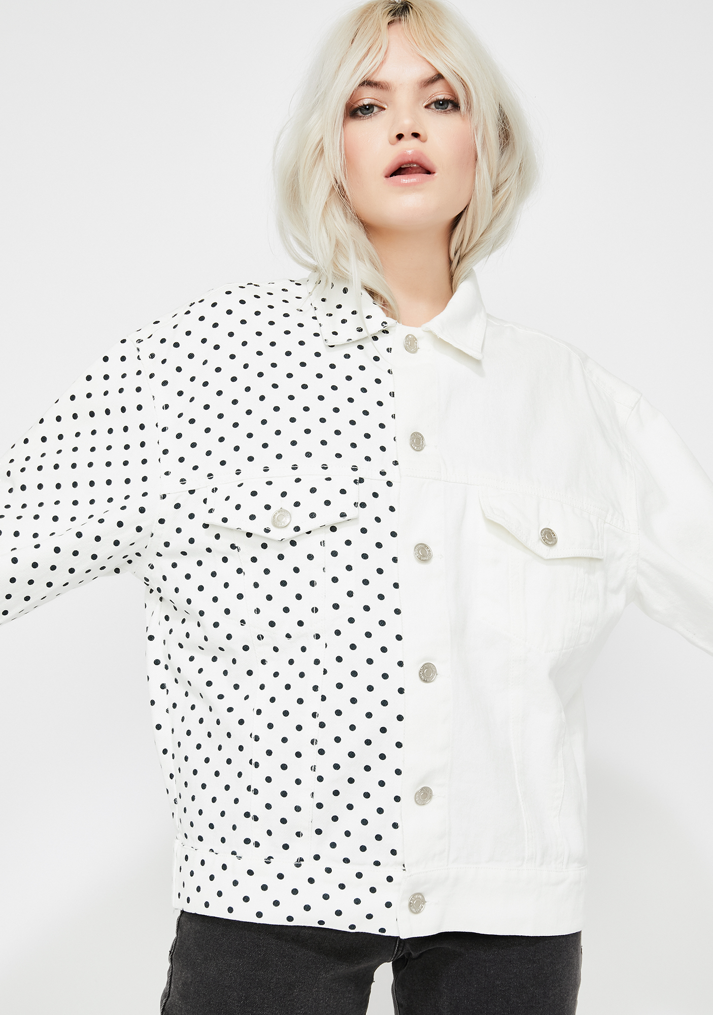 white polka dot denim jacket