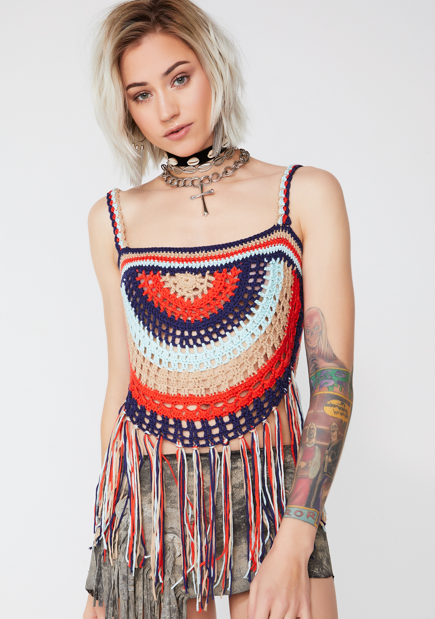 Rainbow Crochet Fringe Crop Top Dolls Kill