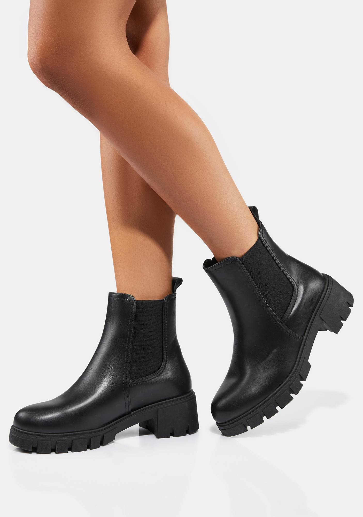 Vegan Leather Chunky Sole Ankle Boots - Black | Dolls Kill