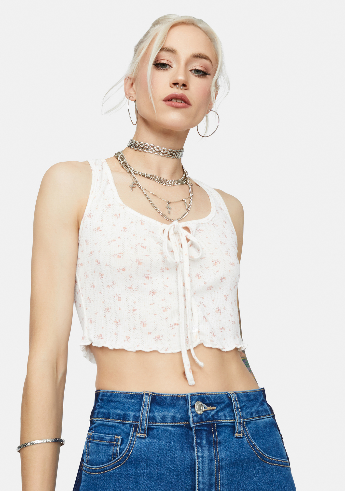 Floral Lace Up Front Cropped Tank Top White Dolls Kill 0701