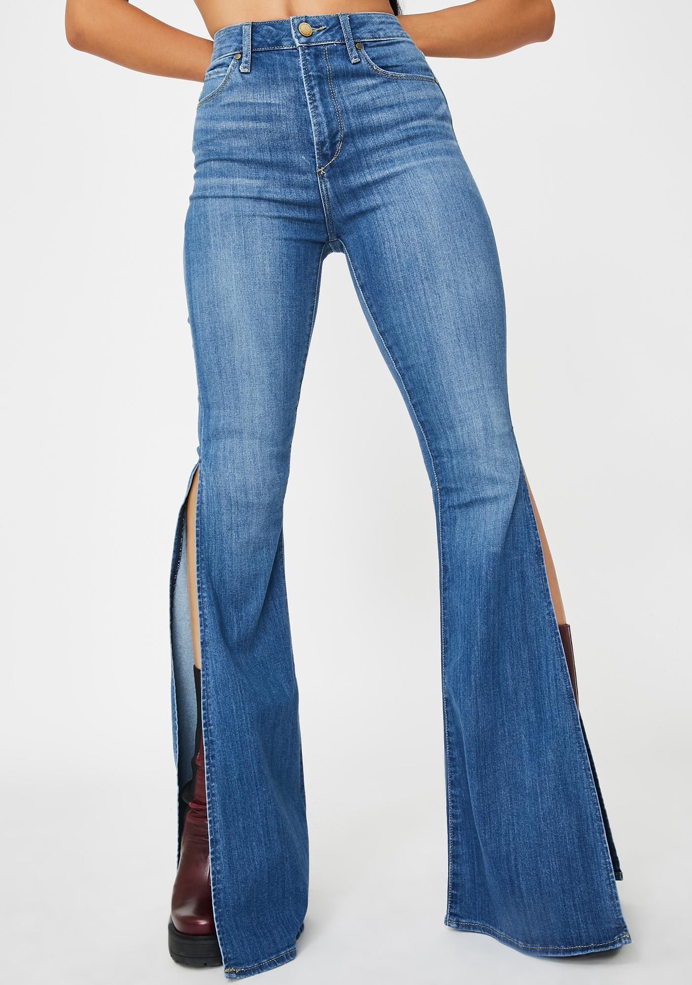 Articles of Society Bridgette Flare Split Hem Denim Jeans | Dolls Kill