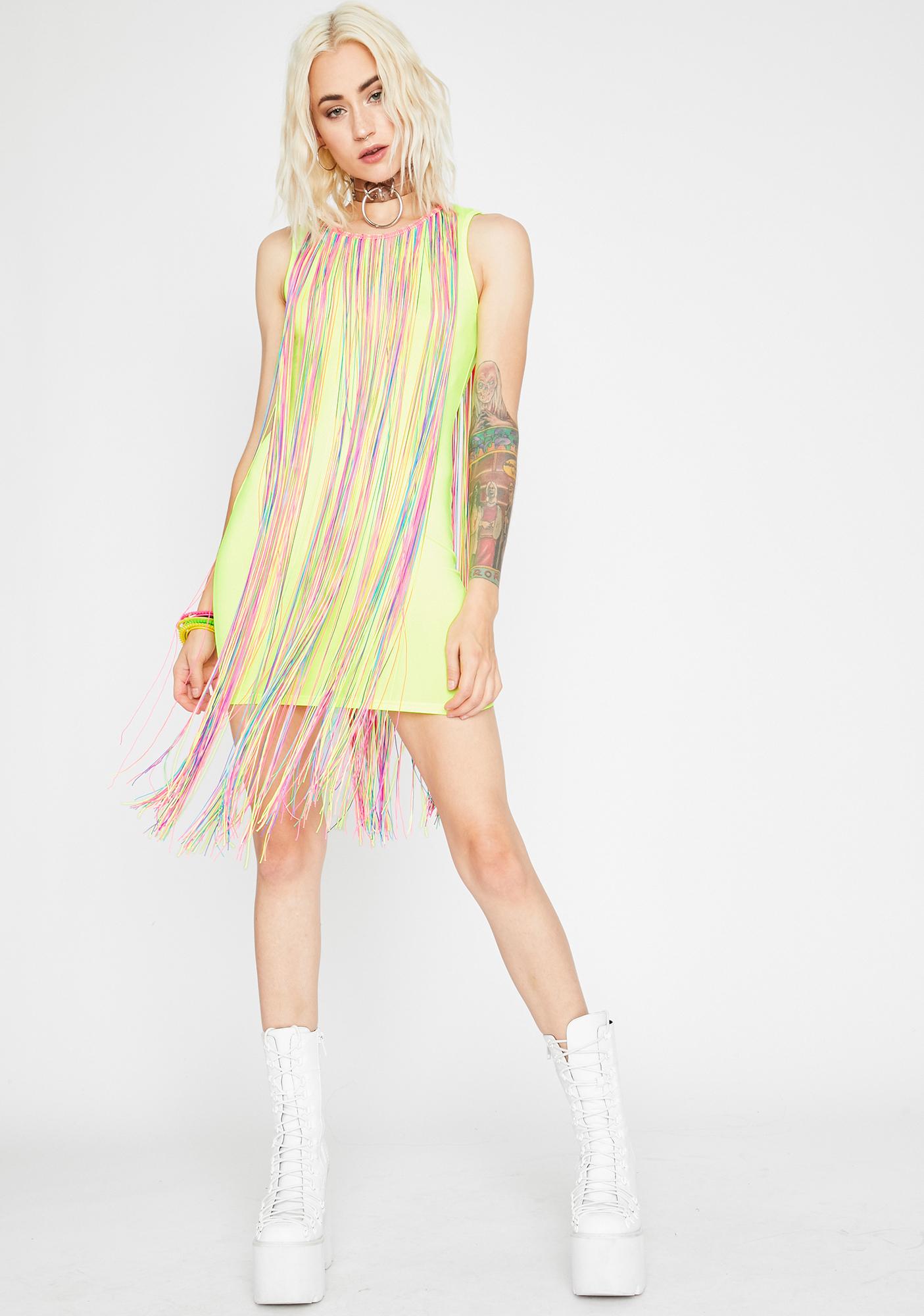 Rainbow Fringe Neon Yellow Mini Dress Dolls Kill