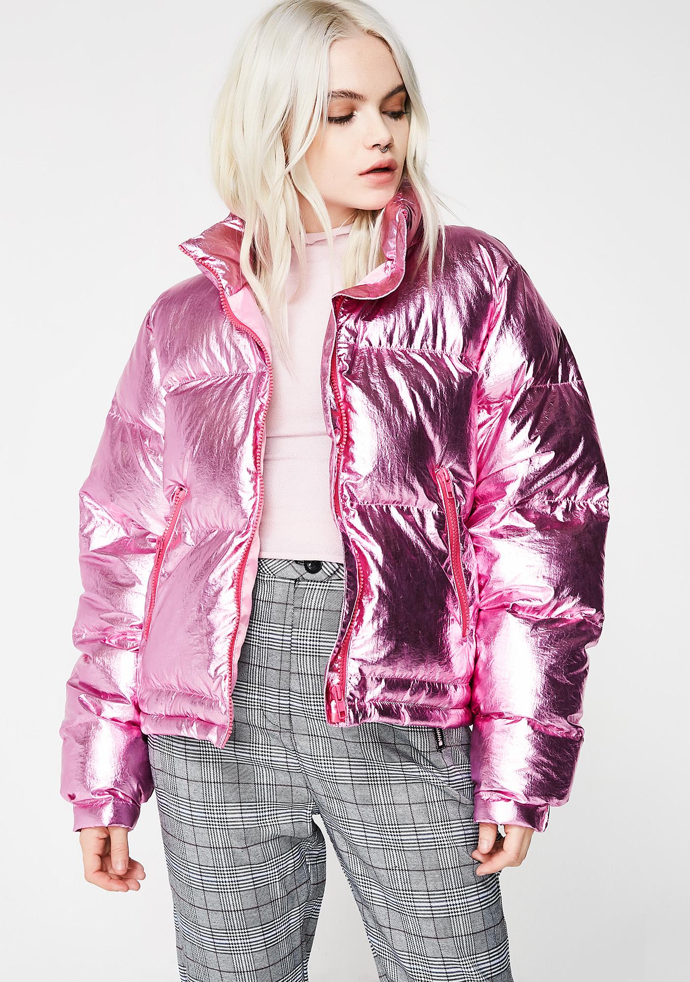 Metallic pink puffer jacket