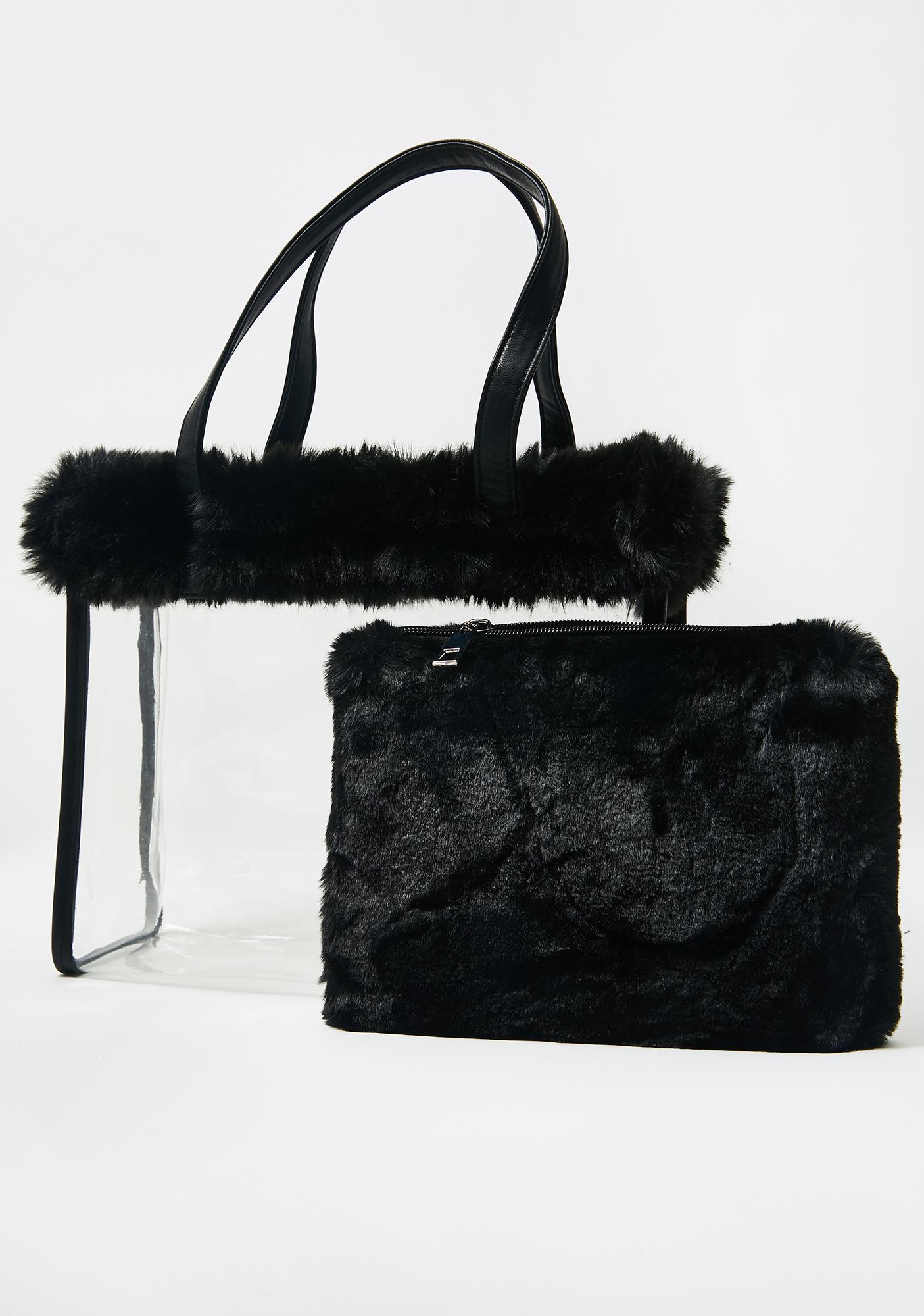 Clear See Through Tote Bag Faux Fur Trim Matching Clutch Bag Set Black