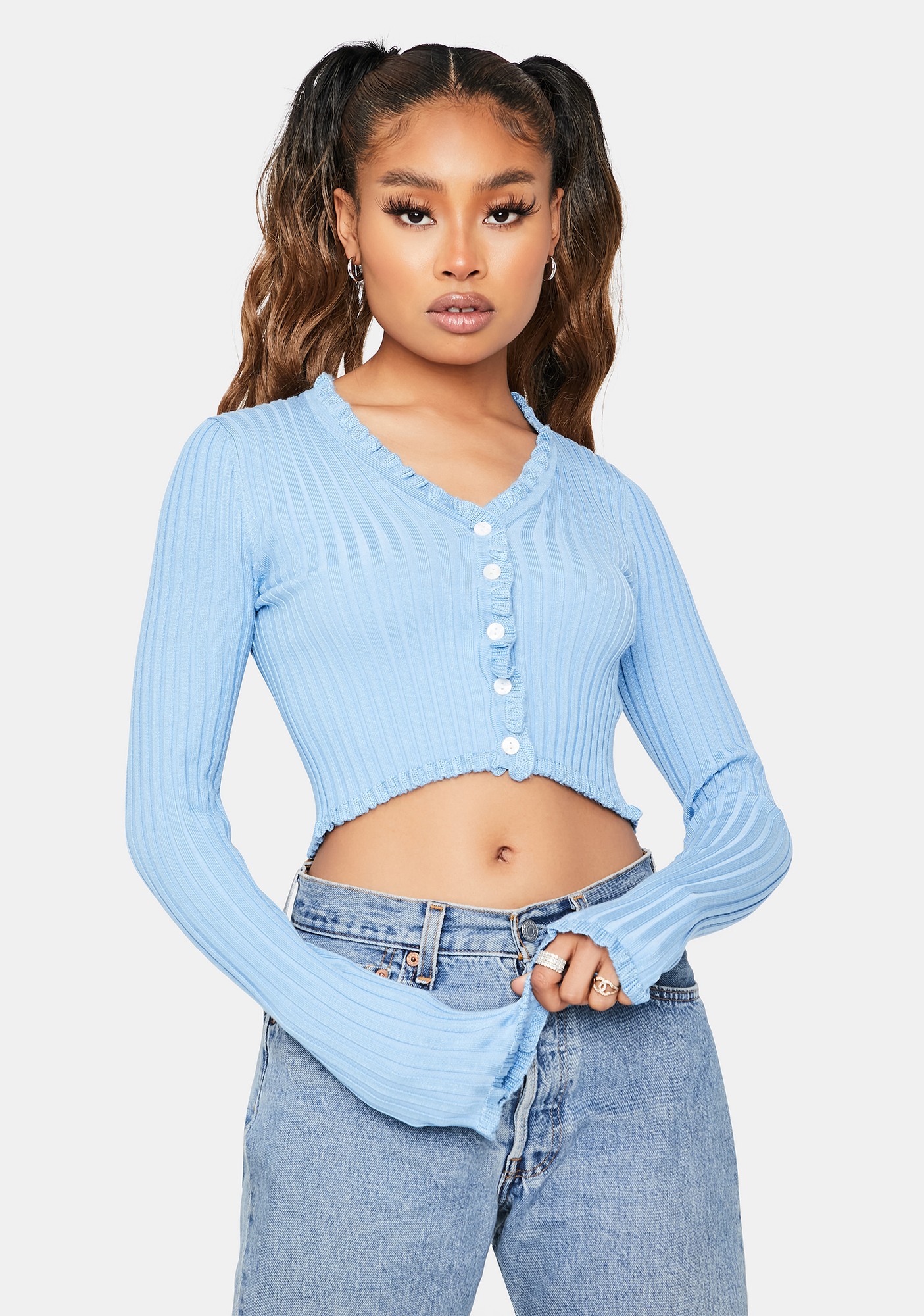 Ribbed Sweater Button Up Crop Top Blue Dolls Kill