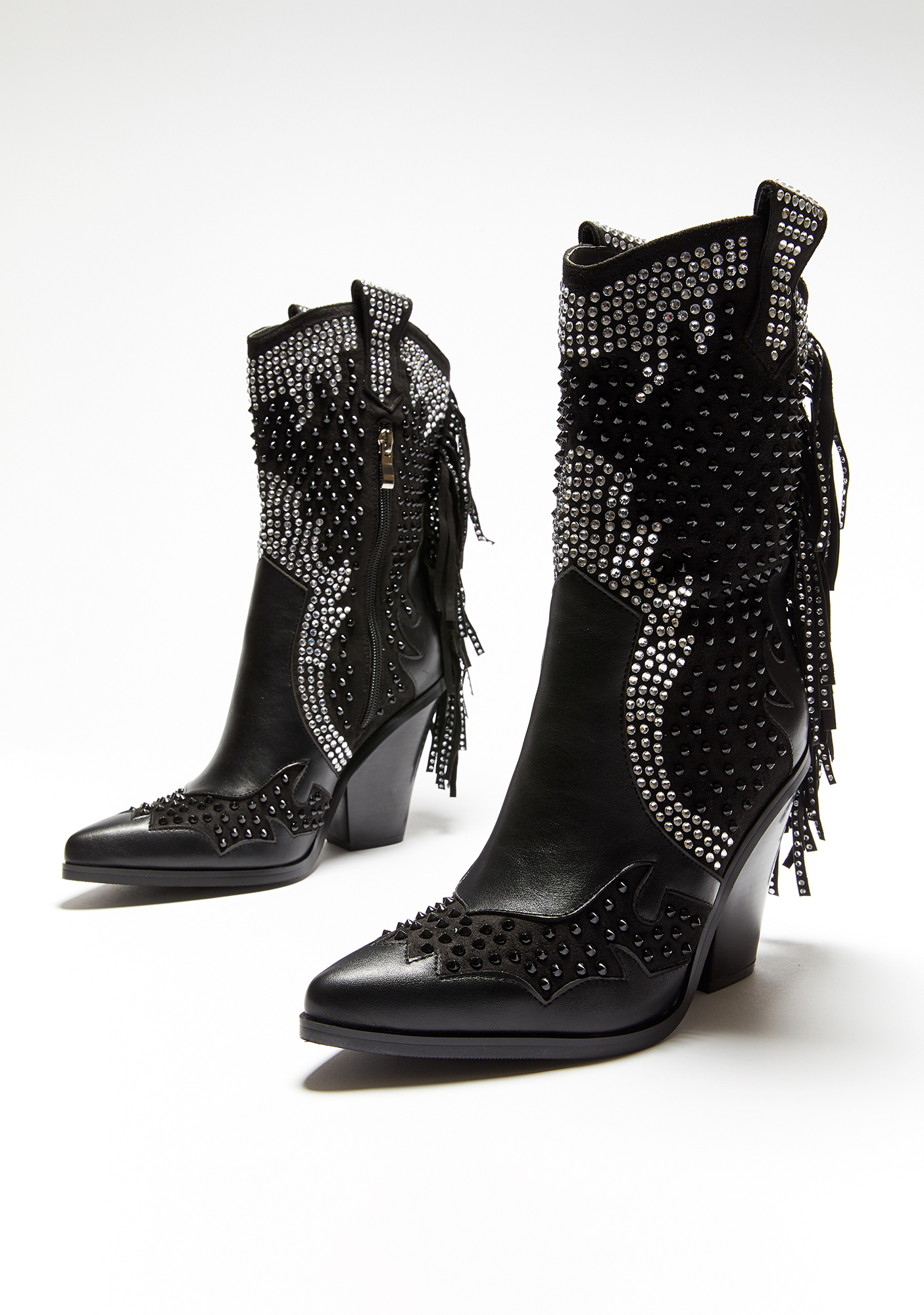 Studded Fringe Cowboy Boots - Black | Dolls Kill