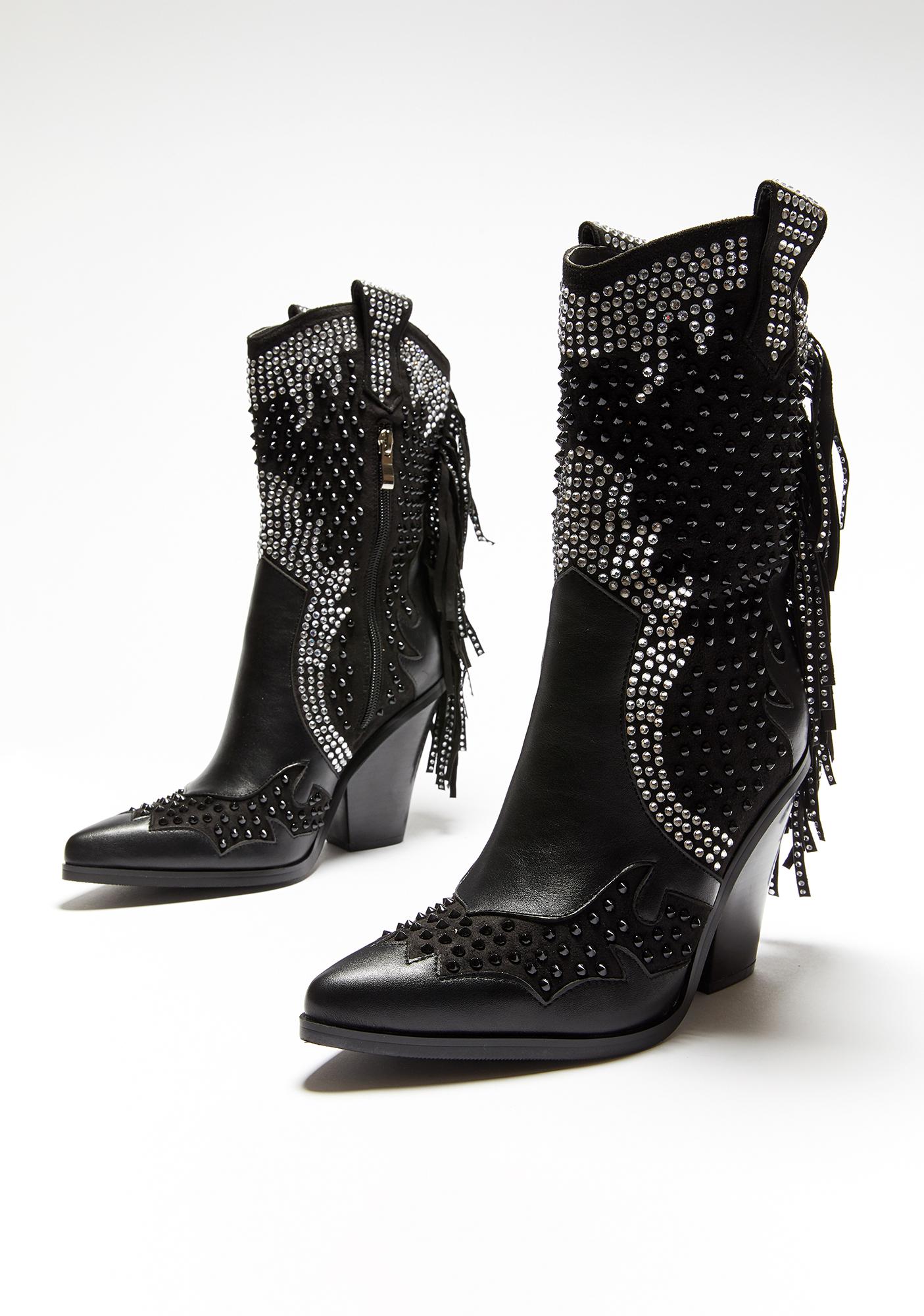 Studded Fringe Cowboy Boots - Black | Dolls Kill