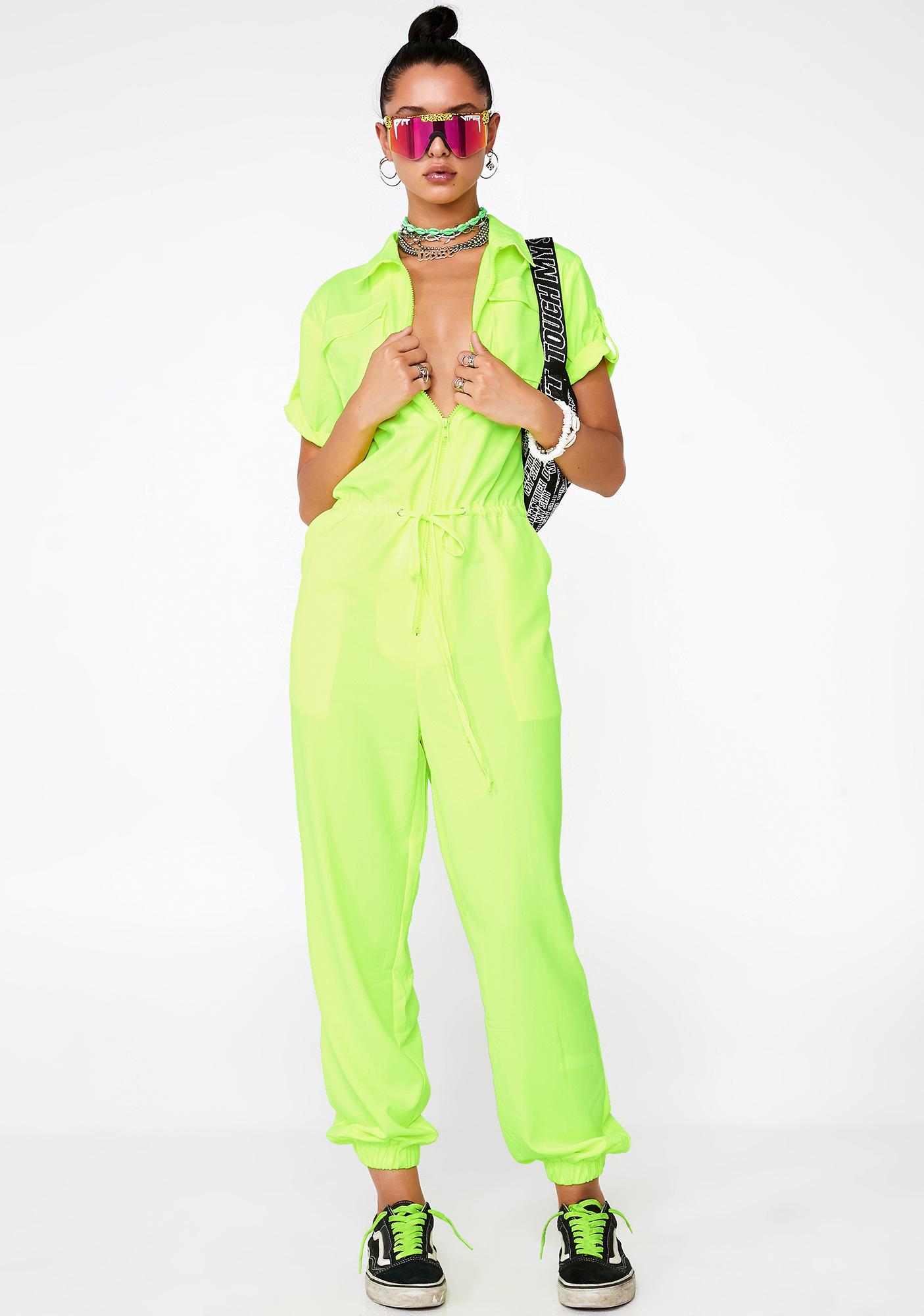 Neon Jumpsuit Cargo Short Sleeve Yellow | Dolls Kill