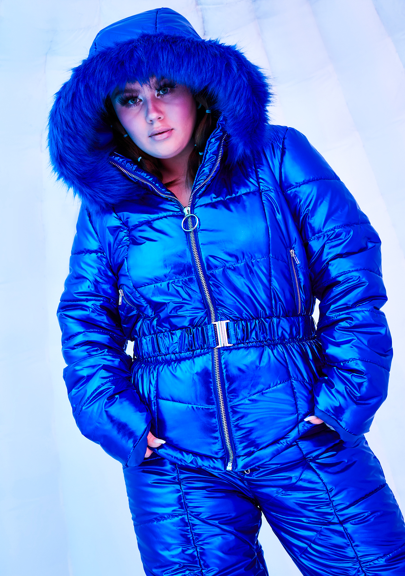 Plus Size Club Exx Metallic Convertible Puffer Snowsuit Blue Dolls Kill