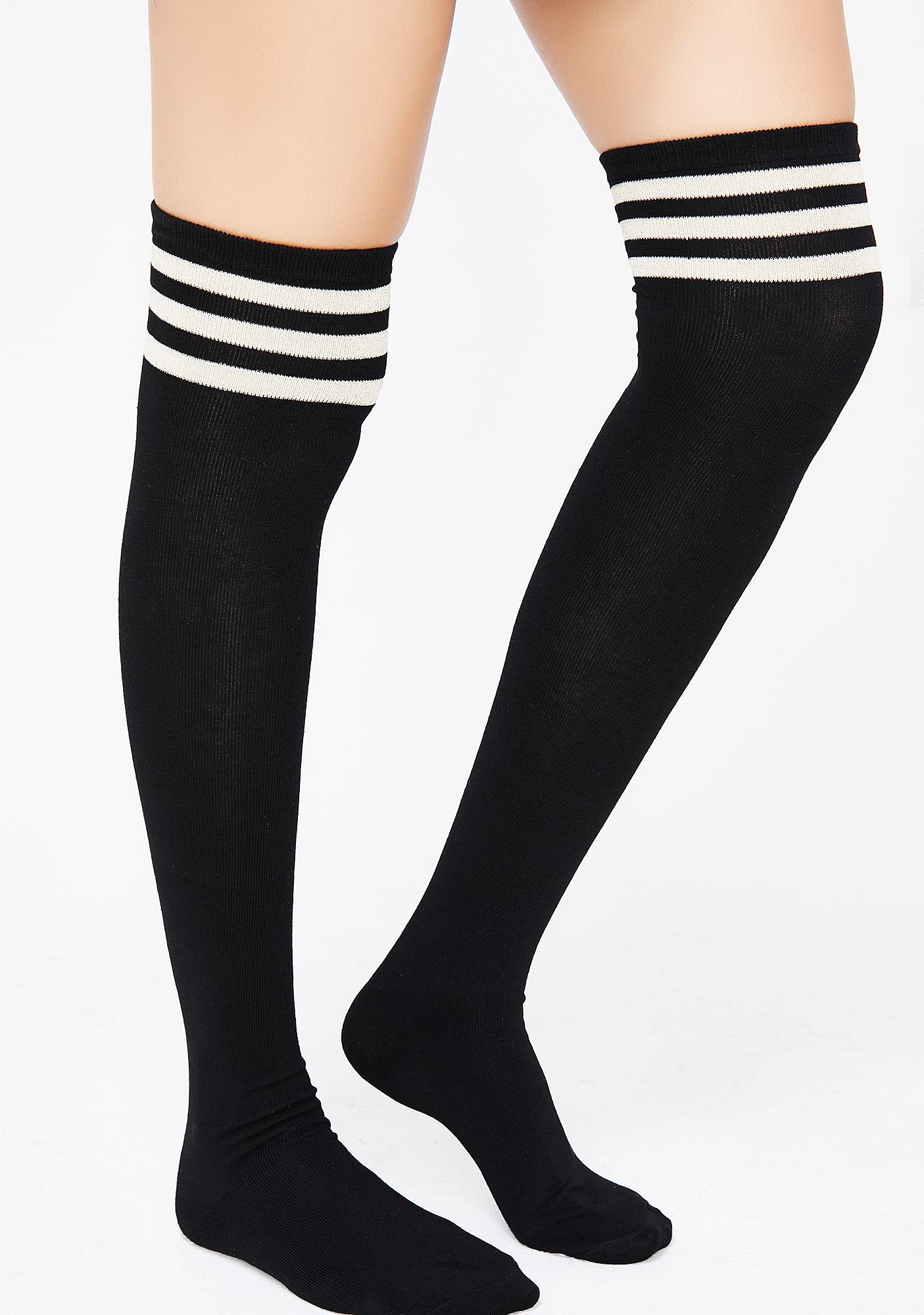 Athletic Stripe Thigh High Black Socks | Dolls Kill