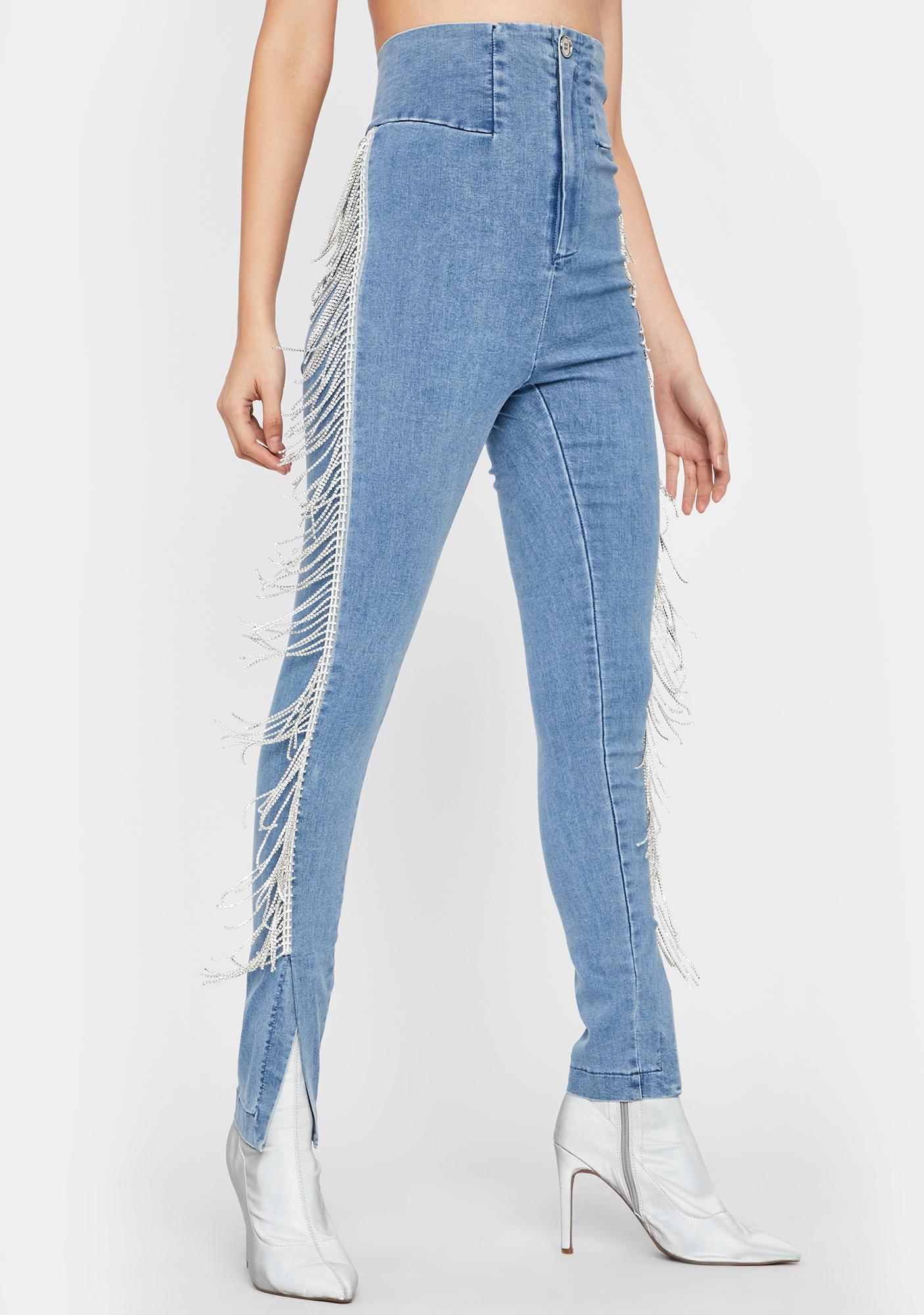 high waisted fringe jeans