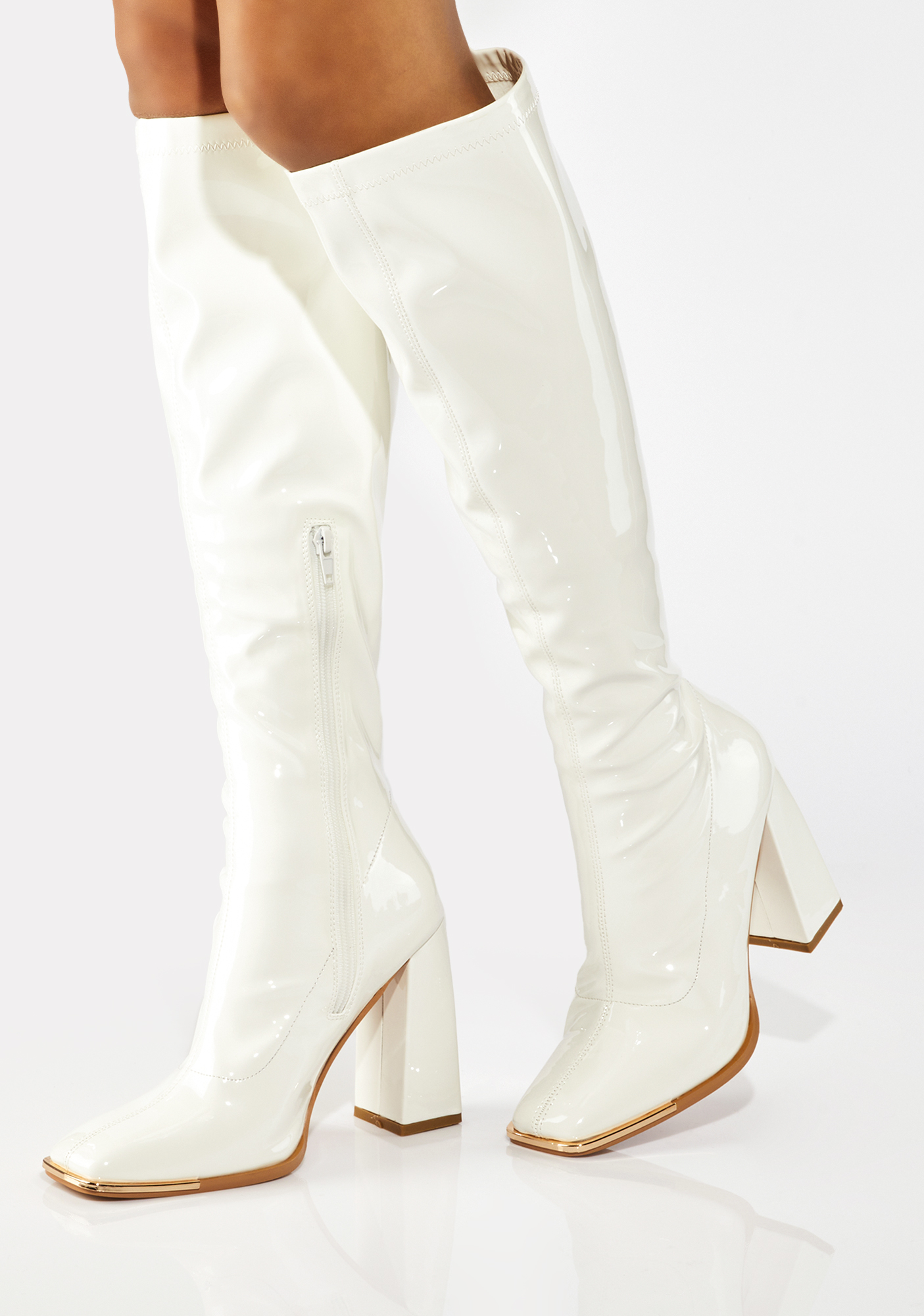 Patent Vegan Leather Knee High Chunky Heels White | Dolls Kill