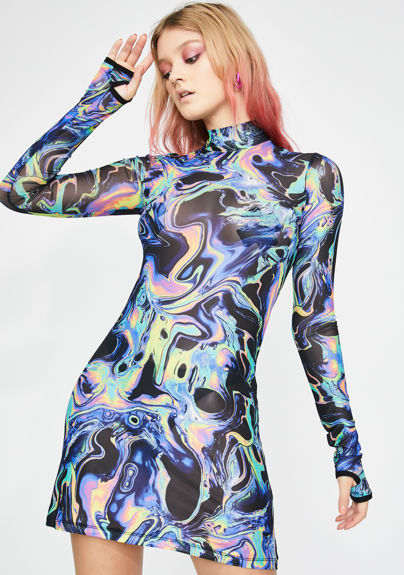 Club Exx Trippy Swirl Print Long Sleeve Mesh Mini Dress Dolls Kill