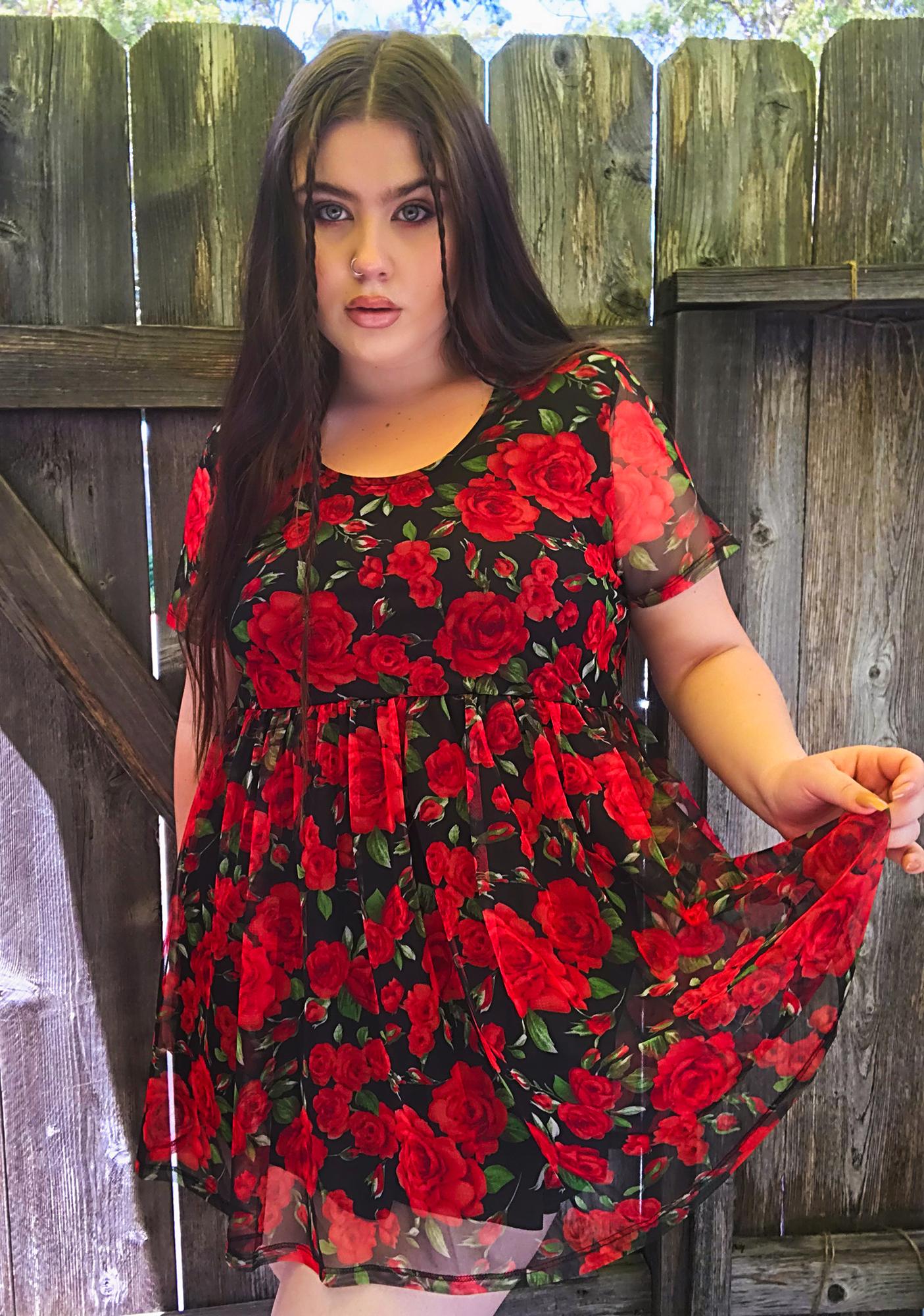 Plus Size Delia S Rose Print Mesh Babydoll Dress Red Dolls Kill