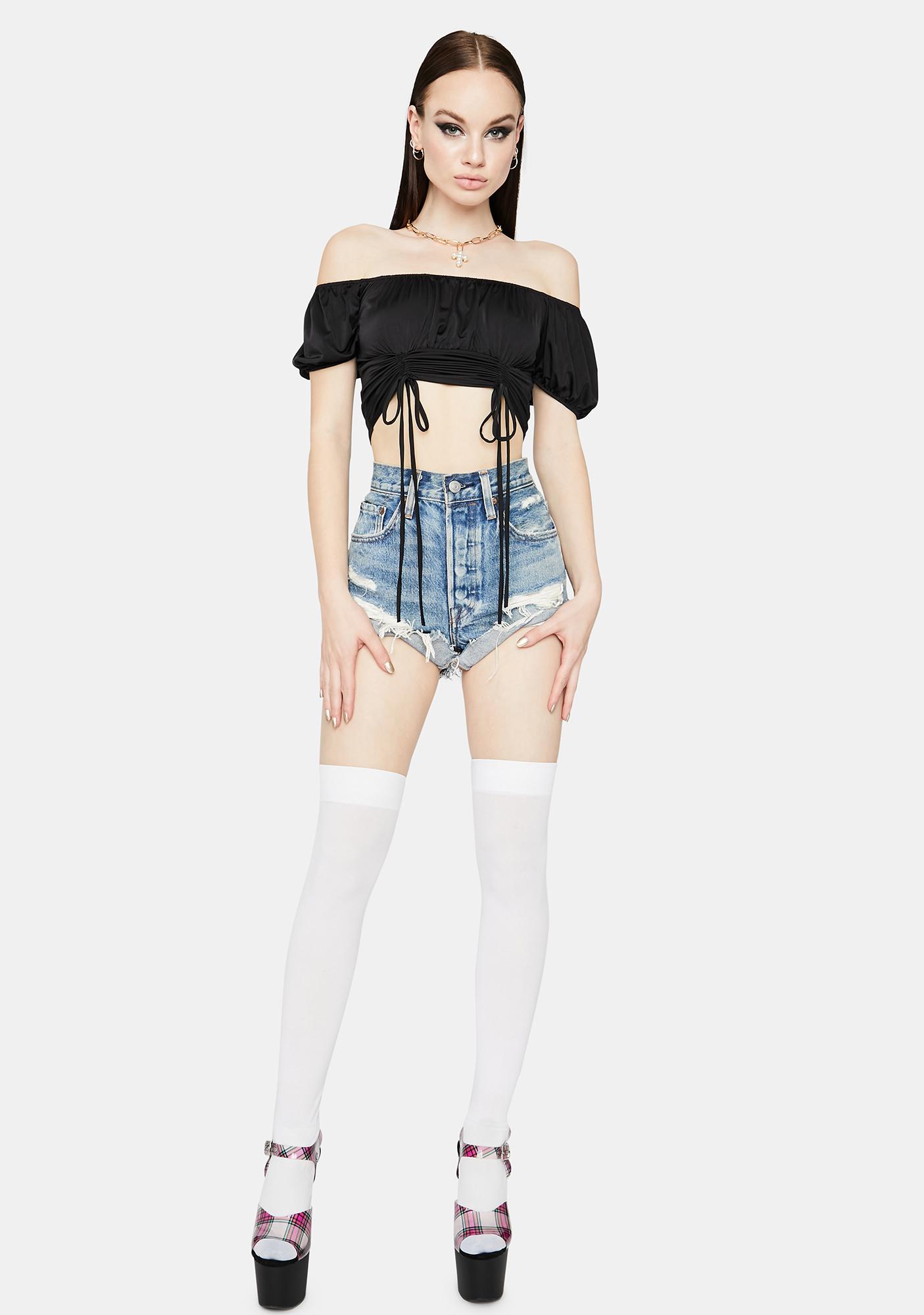 Off The Shoulder Ruched Front Crop Top Black Dolls Kill