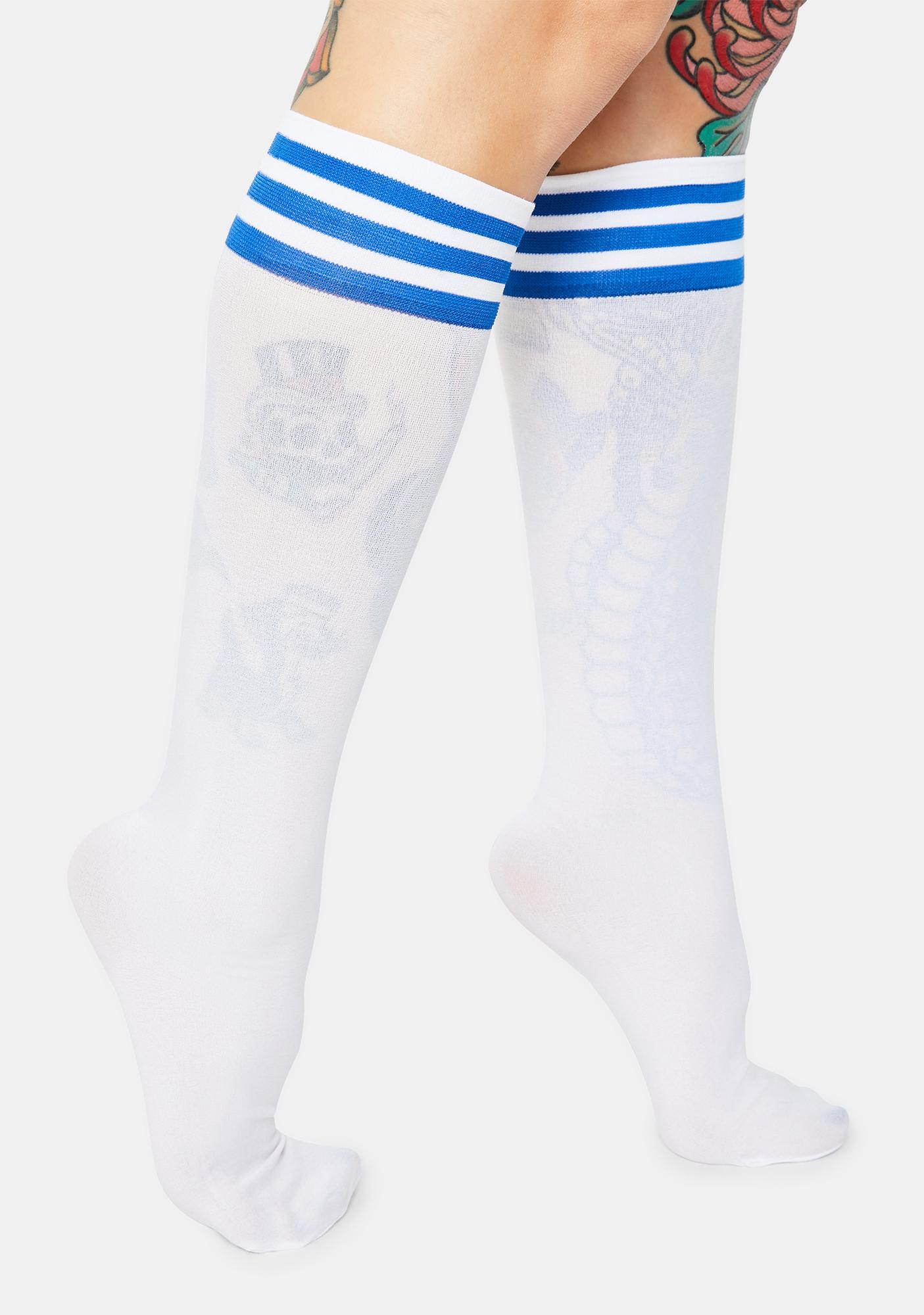 white knee high socks with blue bows