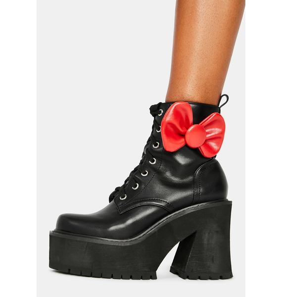 Dolls Kill Hello Kitty Vegan Leather Bow Platform Combat Boots Dolls Kill