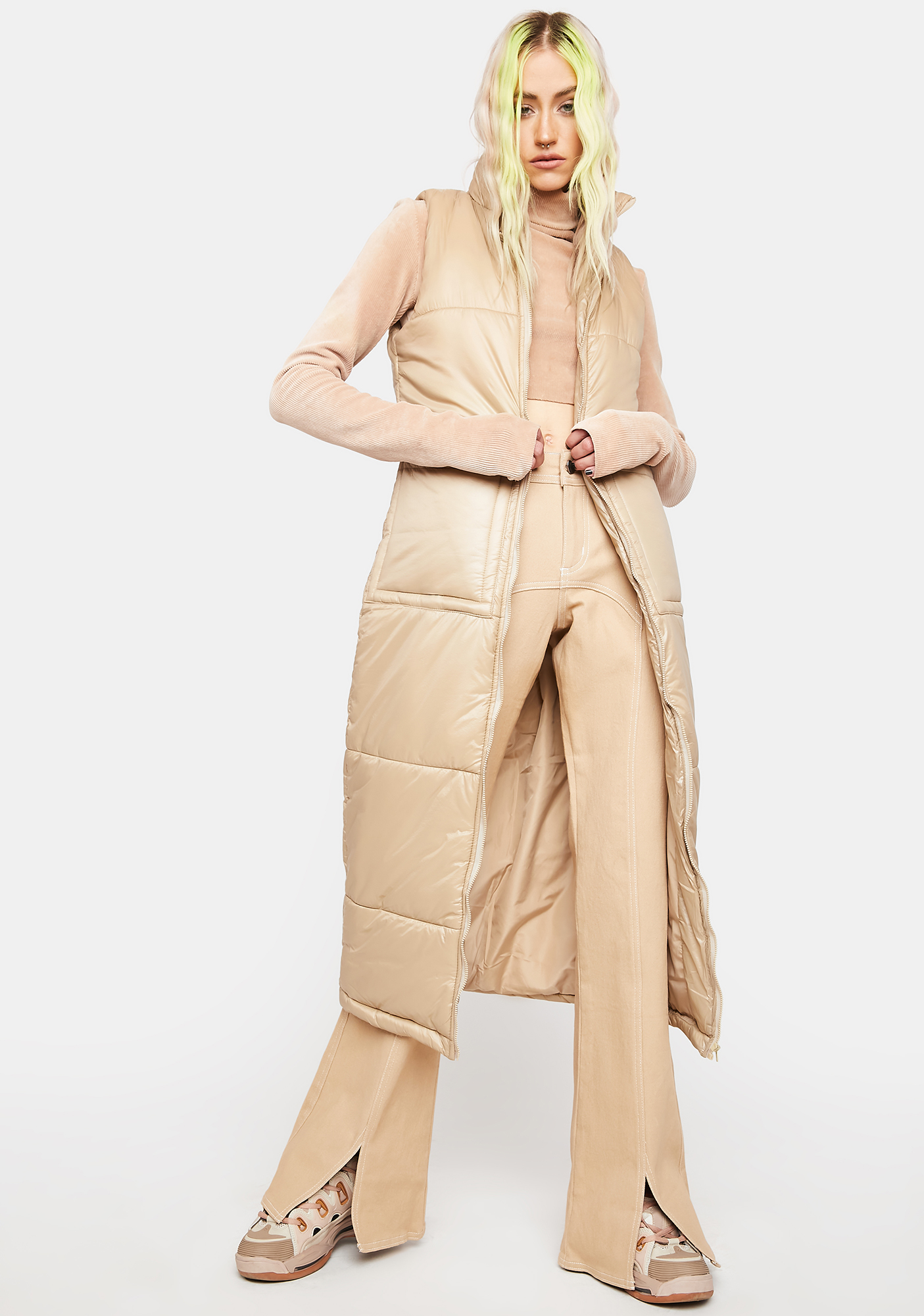 Sleeveless Trench Puffer Vest Beige | Dolls Kill