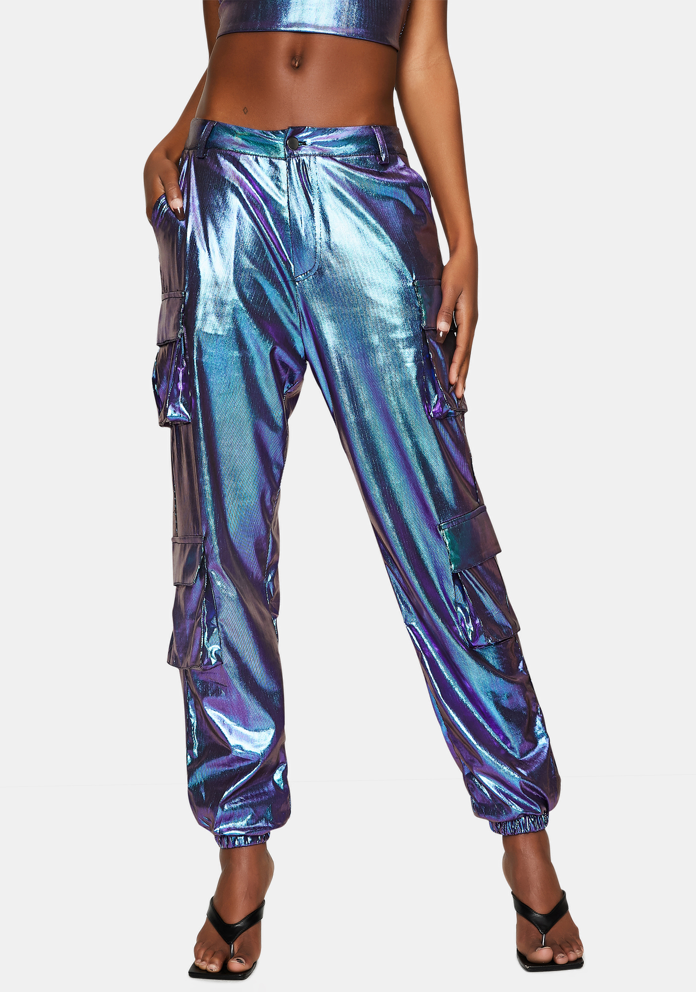 One Above Another Blue Reflective Cargo Trousers | Dolls Kill