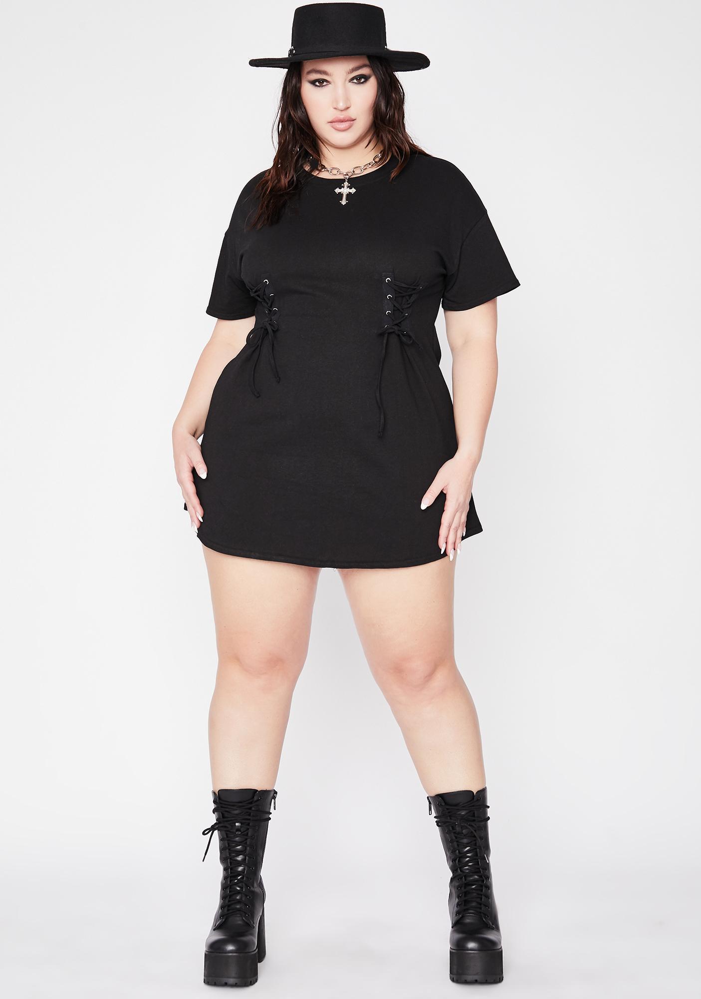 Plus Size Short Sleeve Corset Tee Dress Black | Dolls Kill