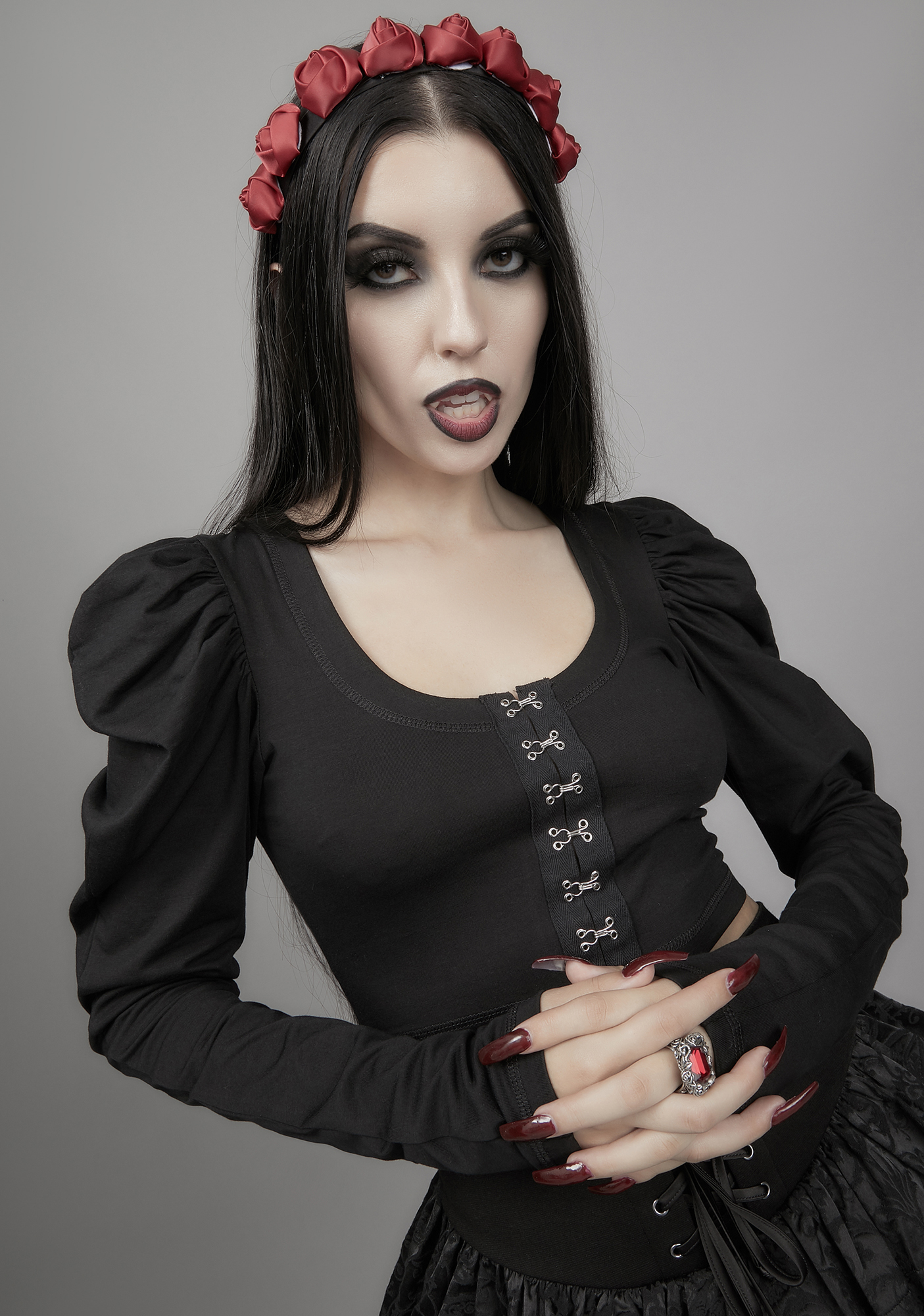 Widow Puff Sleeve Crop Top With Hook And Eye Closures Black Dolls Kill