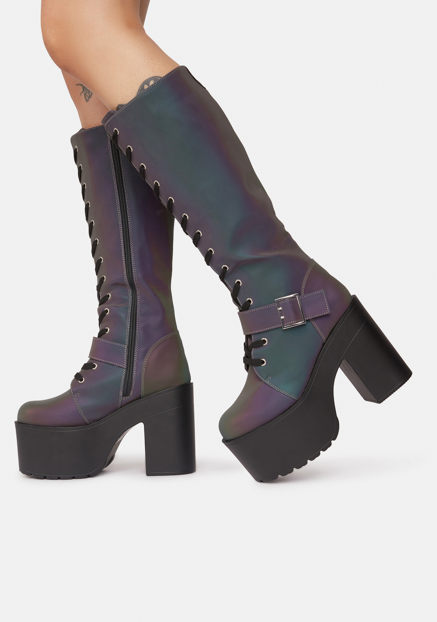 Reflective Knee High Heeled Platform Buckle Boots - Multi | Dolls Kill