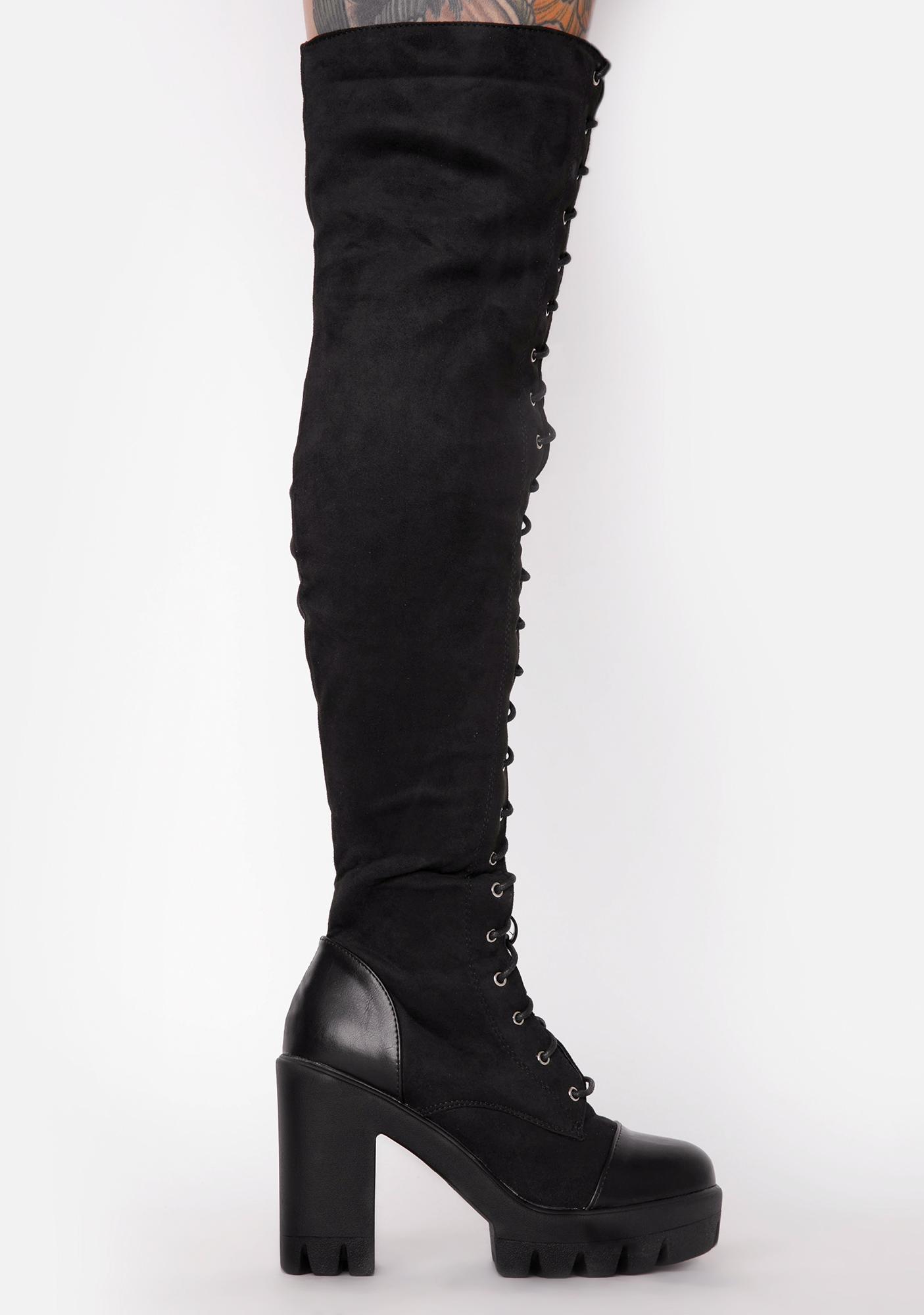 Faux Suede Lace Up Knee High Heeled Boots Black | Dolls Kill