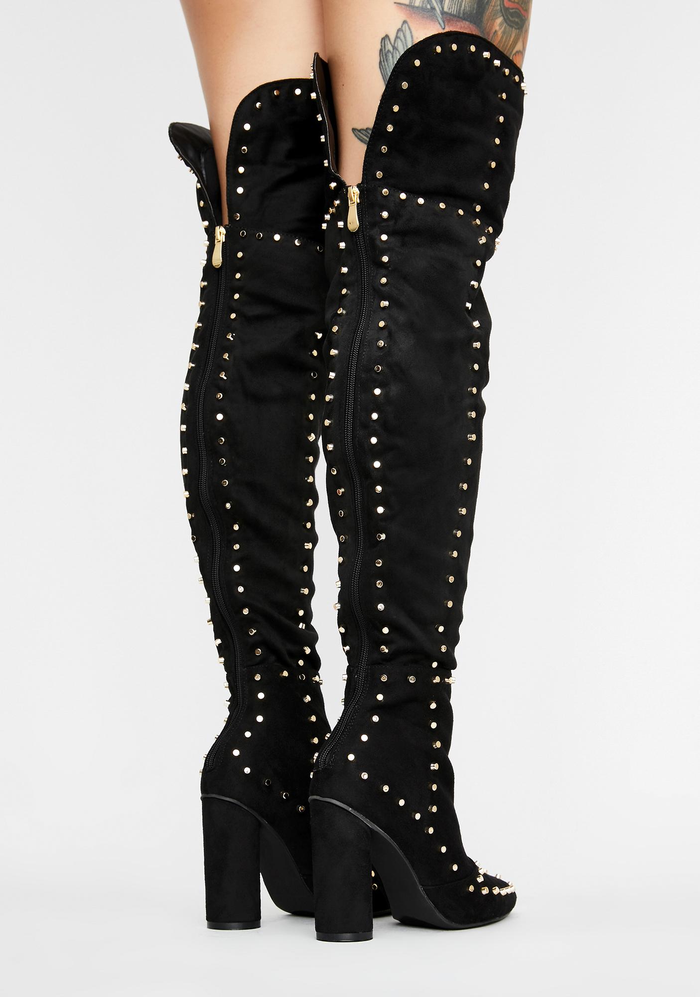 Studded Knee High Heeled Boots Faux Suede Pointed Toes Black | Dolls Kill