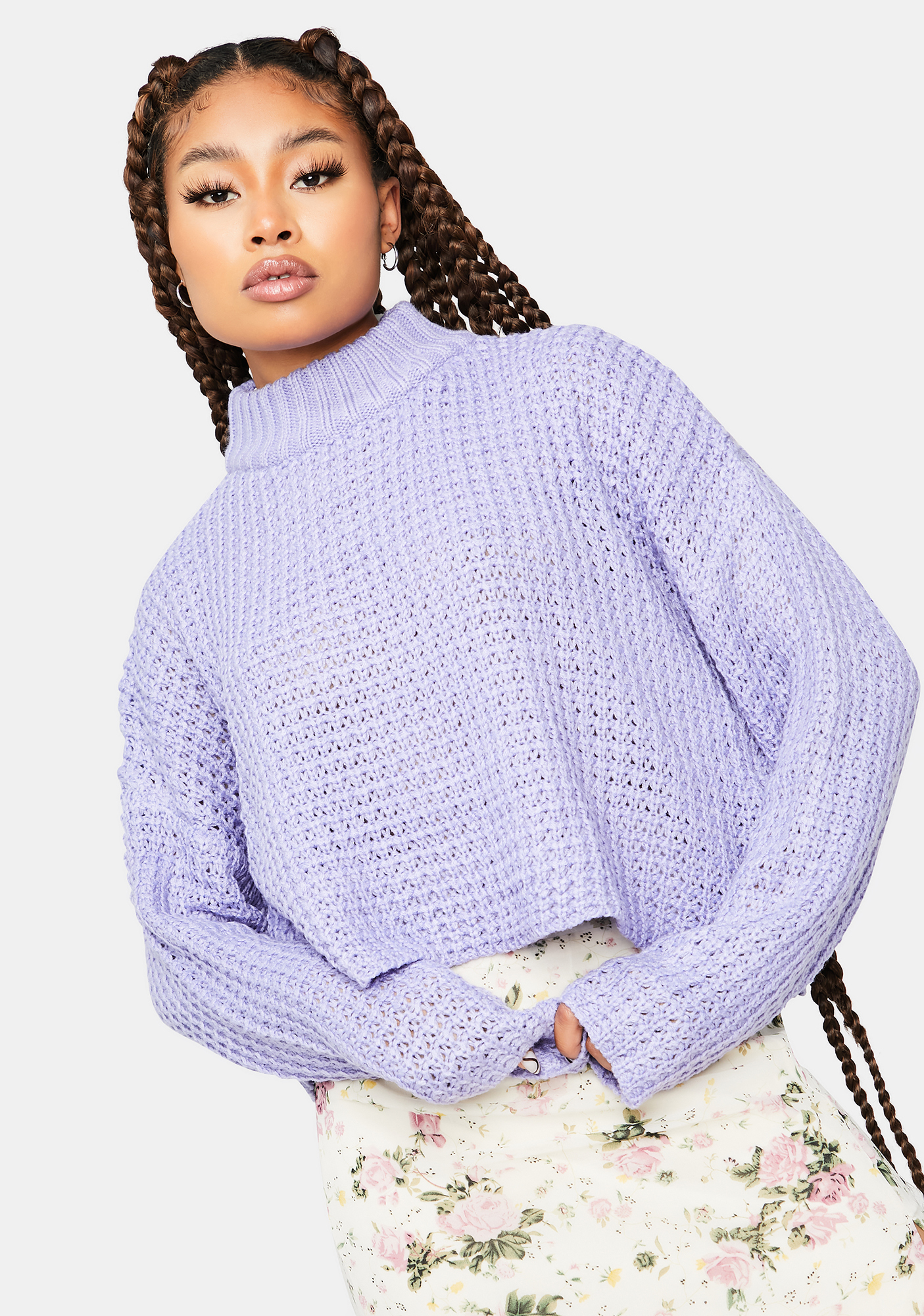 Waffle Knit Turtleneck Crop Sweater Lavender Dolls Kill