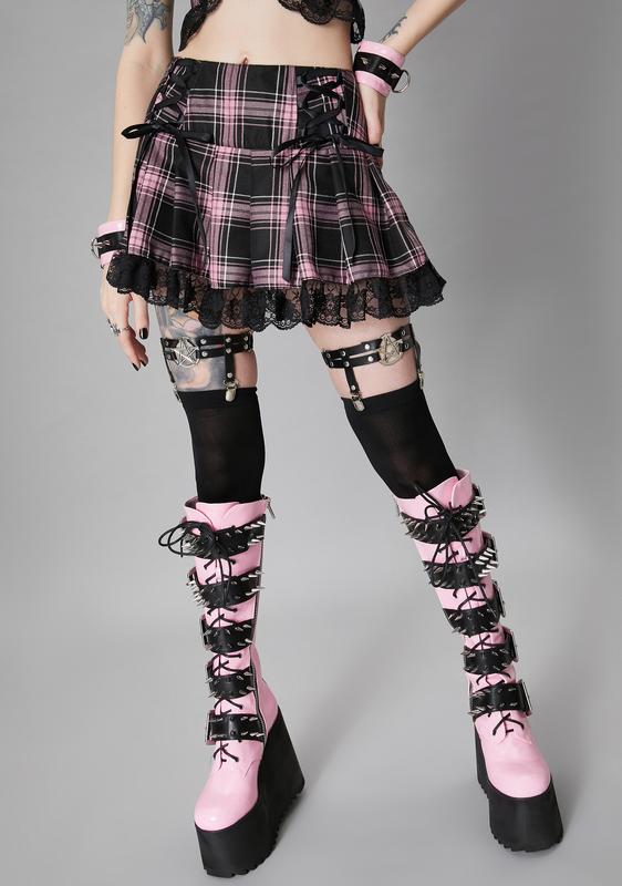 Widow Plaid Lace Up Pleated Skirt 