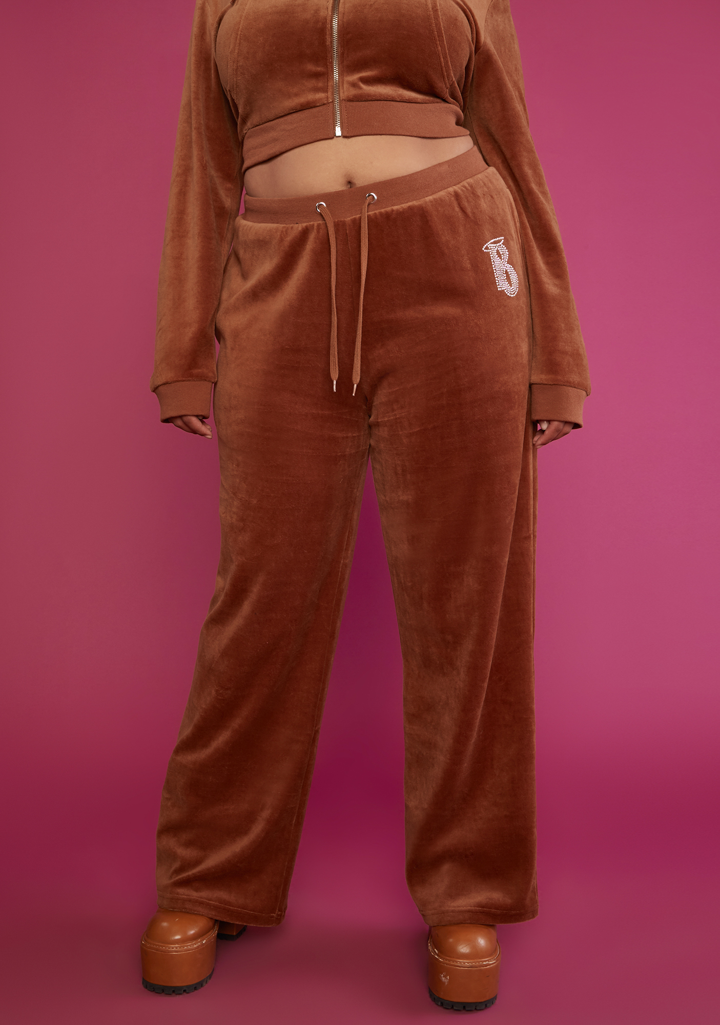 Plus Size Dolls Kill x Bratz Rhinestone Logo Velour Track Pants - Brown ...