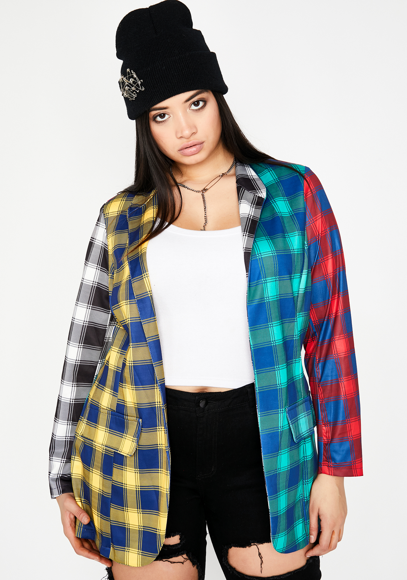 Plus Size Colorblock Plaid Slim Blazer Multi Dolls Kill 6432