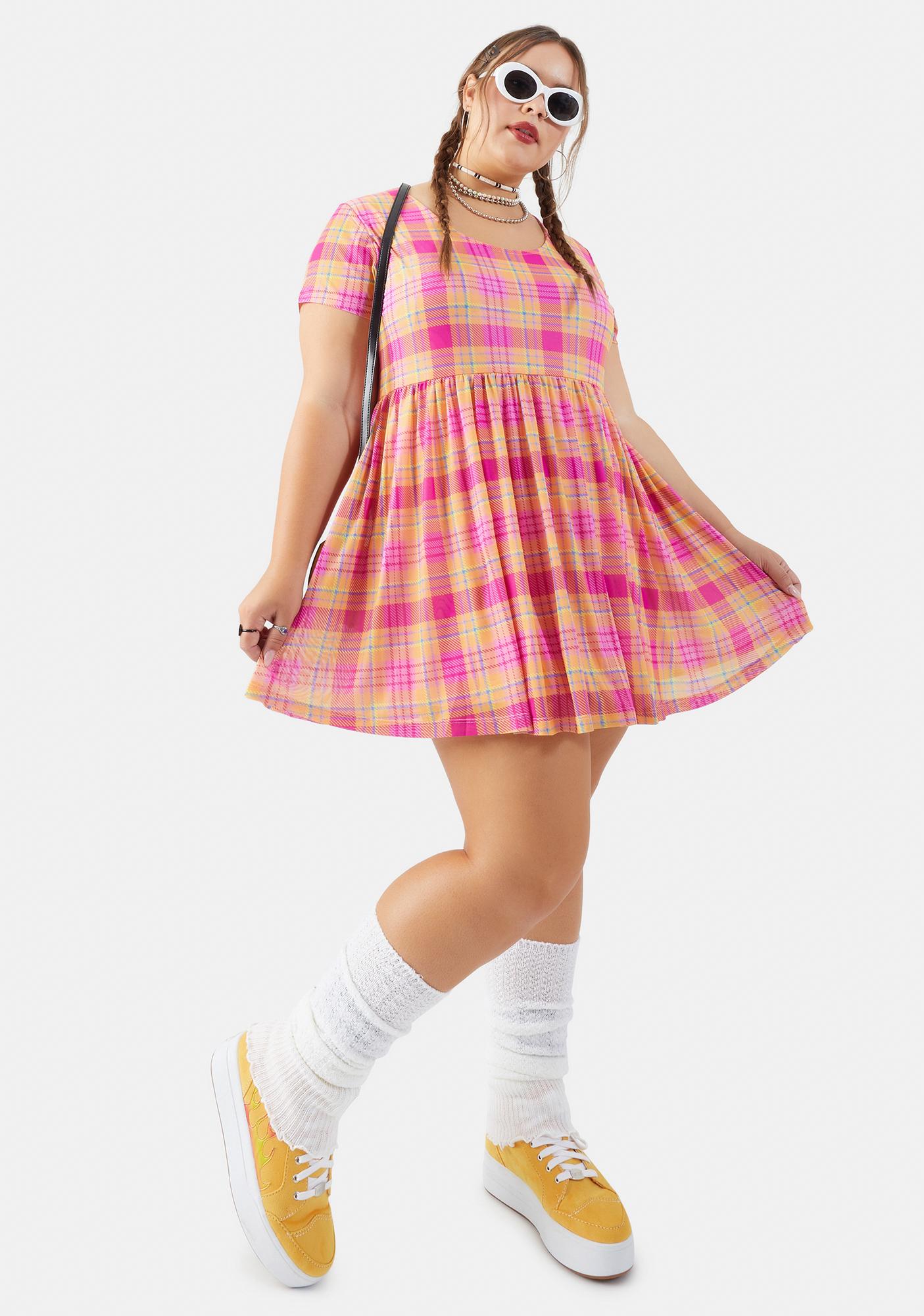 Plus Size Delia's Plaid Print Mesh Babydoll Dress Pink Multi Dolls Kill