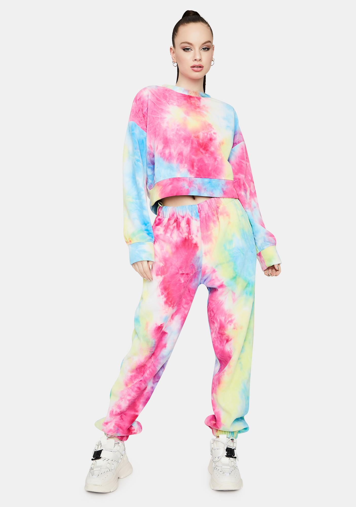 Tie Dye Slouchy Jogger Crew Neck Sweater Lounge Set Pink Green