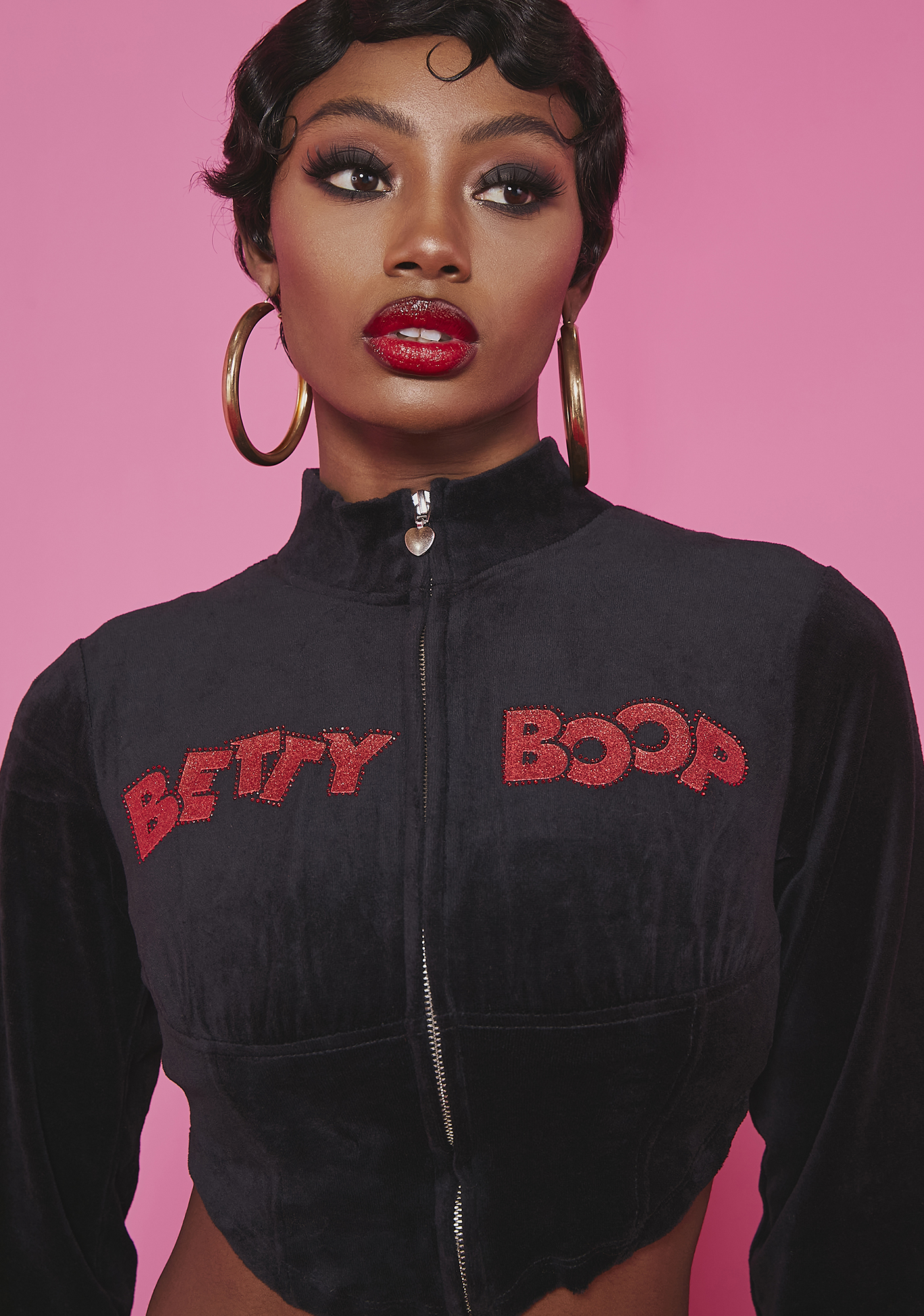 Dolls Kill x Betty Boop Crystal And Glitter Velour Zip Up Corset 