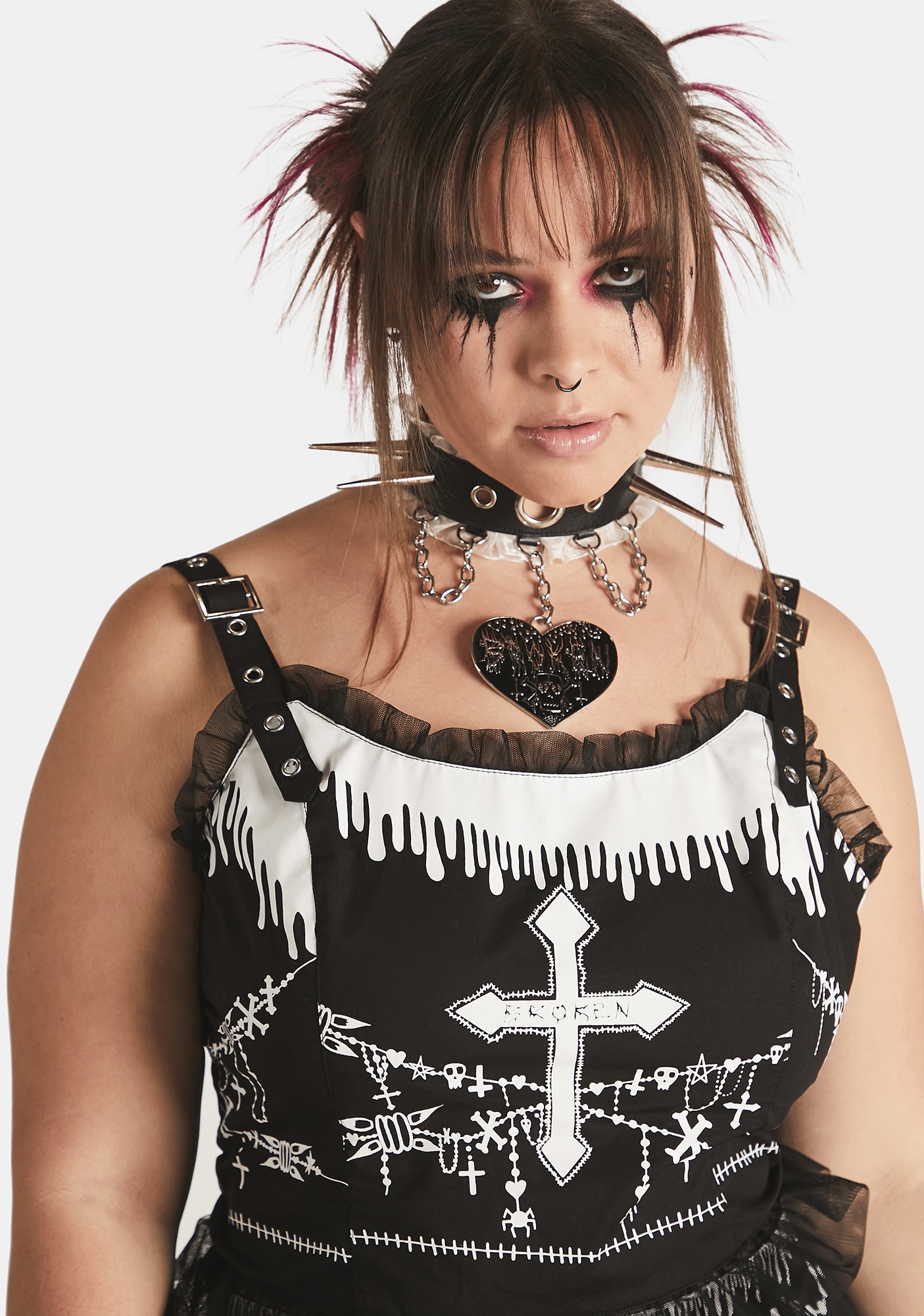 Plus Size Dolls Kill X Broken Brainz Square Neck Contrast Graphic Ruffle Trim Corset Top Black